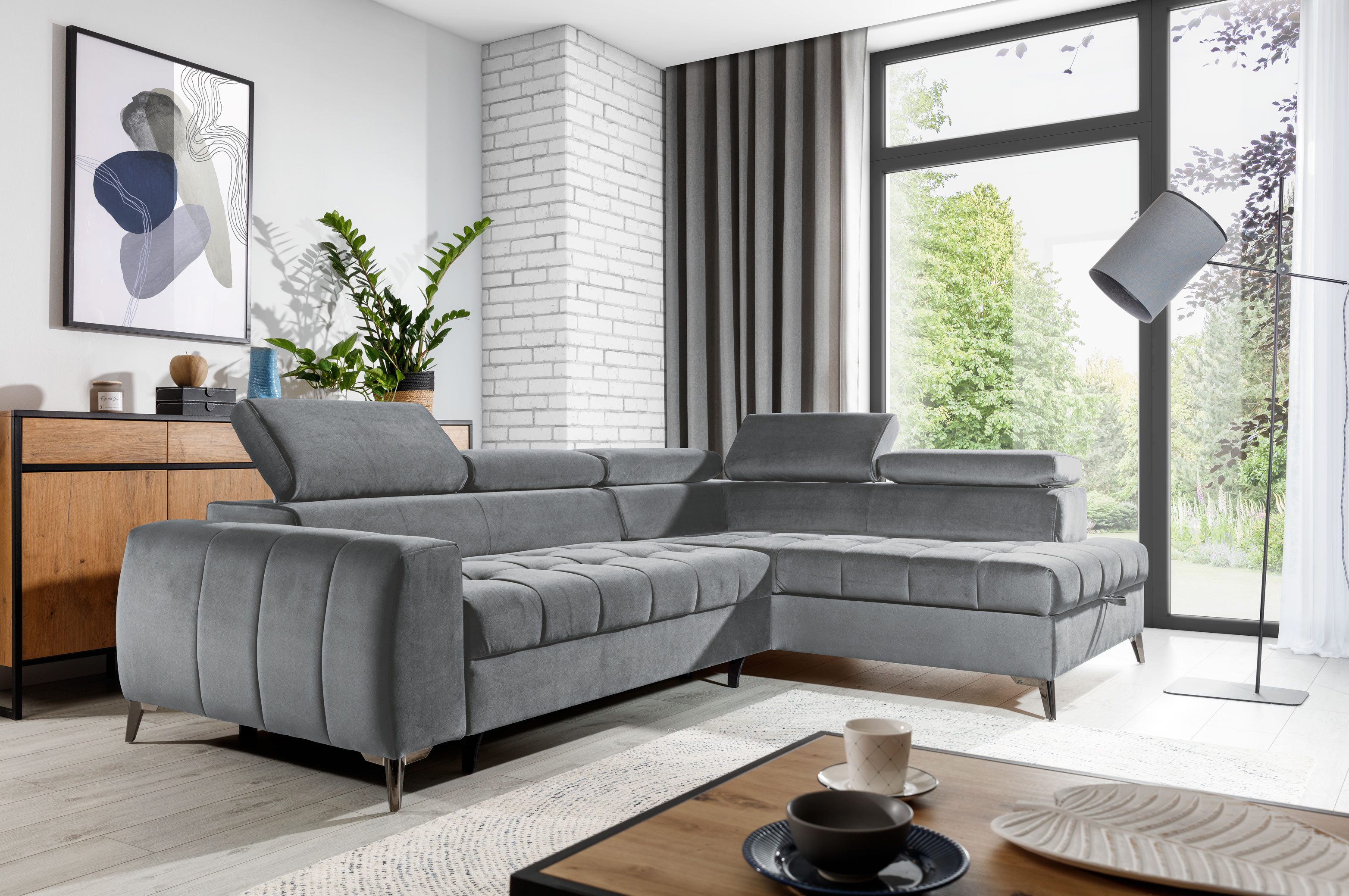 yourhouse24 Ecksofa Valerio mit Schlaffunktion & Bettkasten, 5 verstellbare Kopfstützen, Premium-Ecksofa mit T35-Schaum & Abperl-Effekt