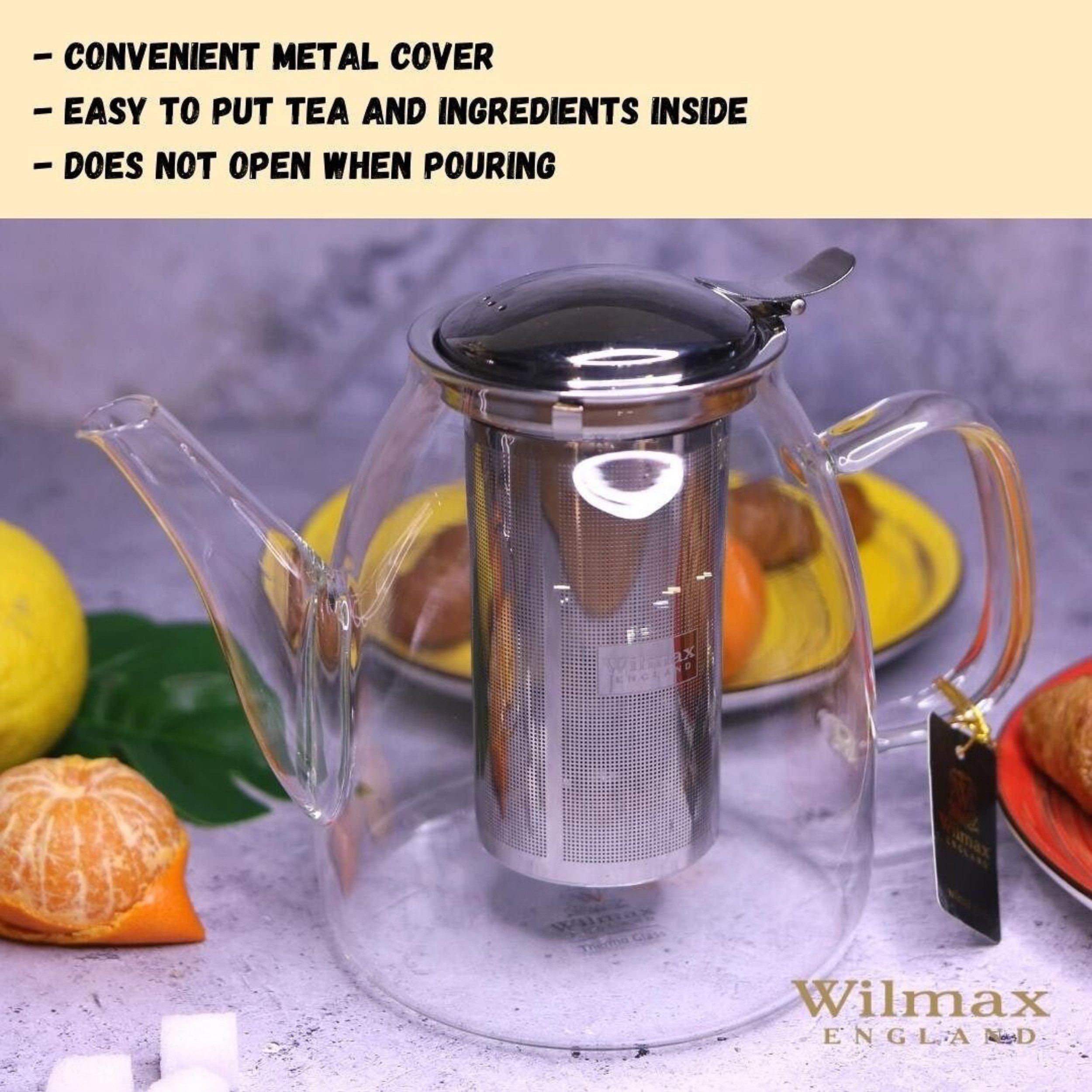 Wilmax England_Homtex Kanne, Klare Teekanne aus Borosilikatglas 600ml mit Edelstahlfilter