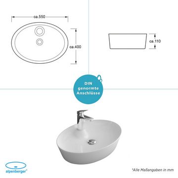 Alpenberger Aufsatzwaschbecken Waschbecken mit Nano Beschichtung und vorgebohrtem Hahnloch (Ovale aufsetzbare Waschschüssel, 1-tlg), pflegeleichte Waschschale mit Lotus Effekt, Waschtisch ohne Überlauf