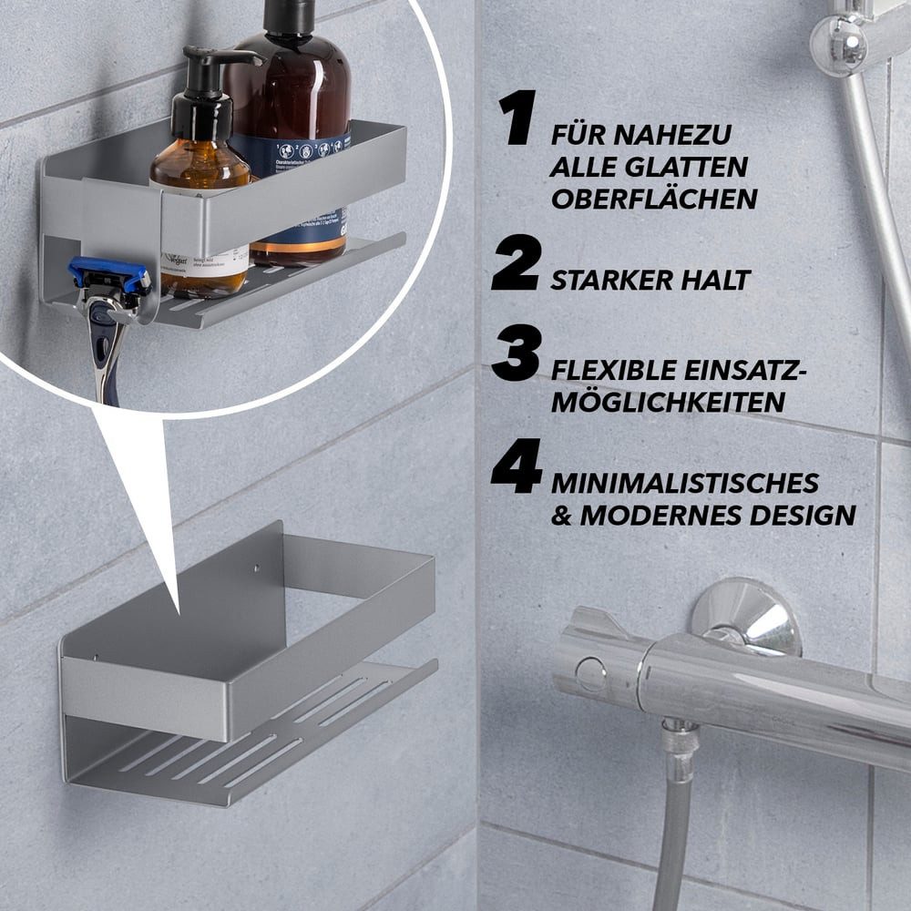 Benkstein Duschablage Dusch-Organizer zum Kleben oder Bohren 2er-Set, 2-tlg., für Shampoo Duschgel etc.mit praktischer Hakenleiste minimalistisch