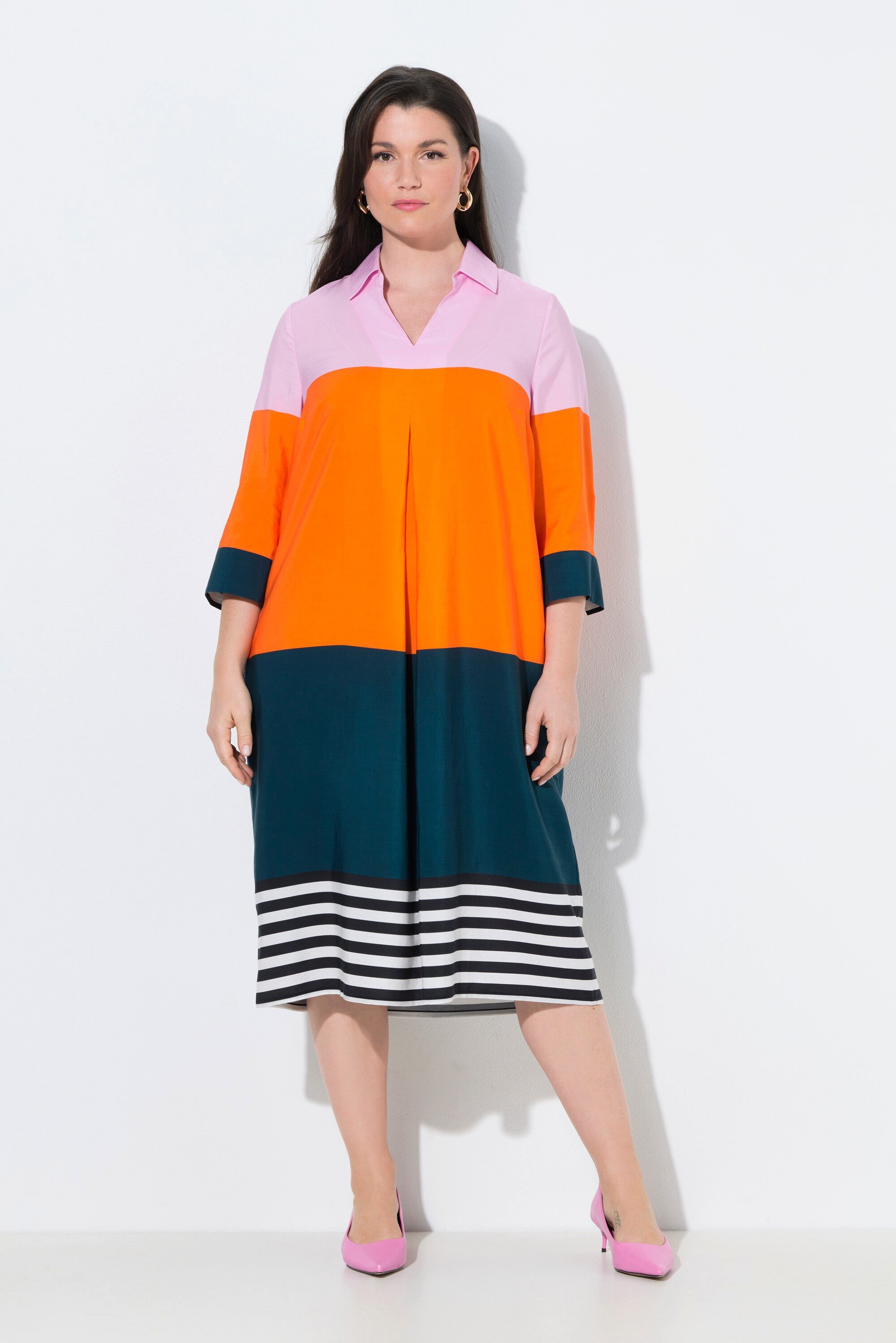 Ulla Popken Midikleid Lyocell-Midikleid Colorblocking Hemdkragen 3/4-Arm