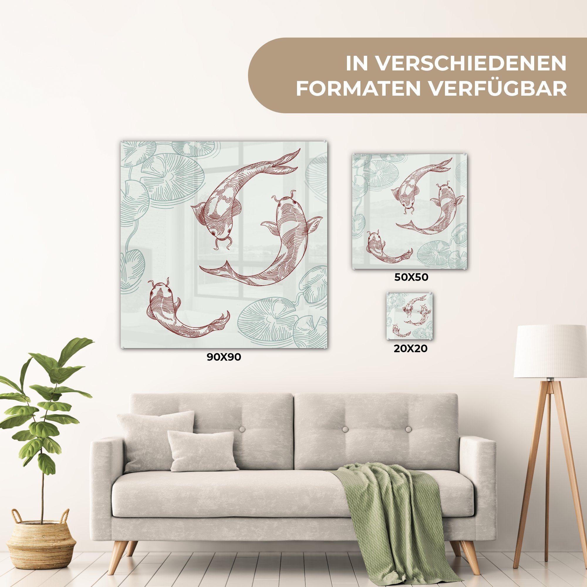 Wanddekoration St), - Teich, Acrylglasbild - auf - (1 Glas Wandbild Bilder Foto von in Glasbilder Koi-Karpfen MuchoWow einem auf Glas Illustration