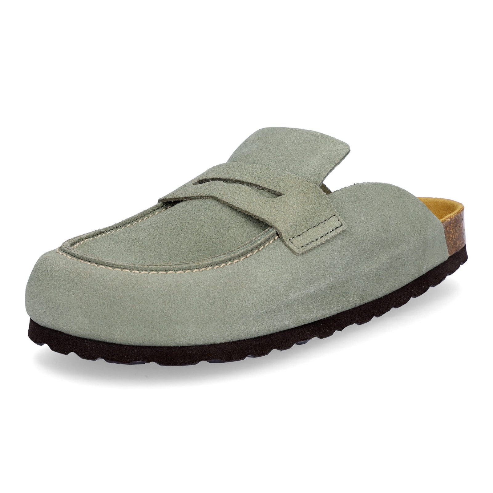 MIDS MIONA Damen Pantolette oliv, Velourleder Clog im Mule-Stil mit ergonomischem Lederfußbett