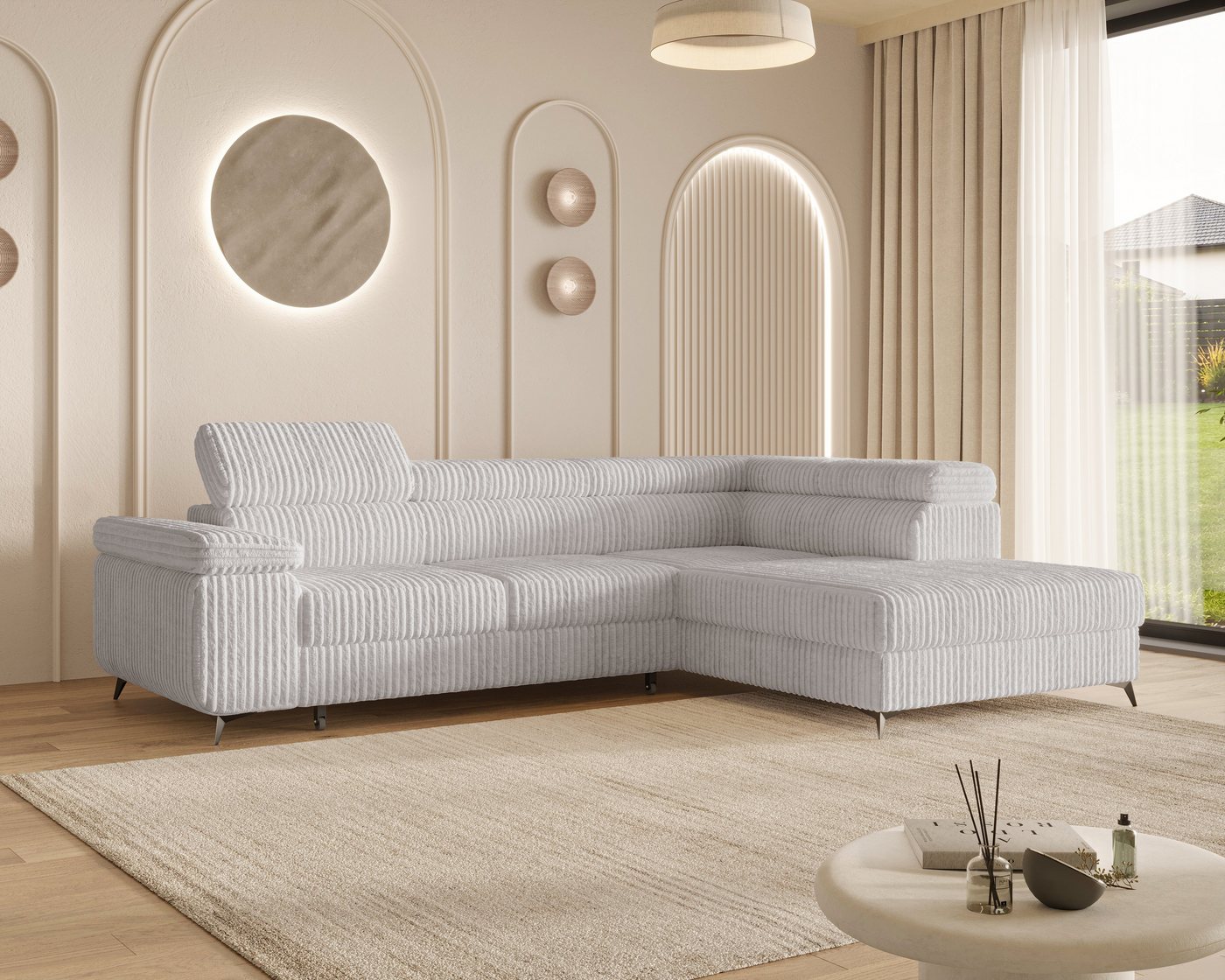 MOEBLO Ecksofa OSTIN, 290 cm – Modernes L-Sofa mit Schlaffunktion, Bettkasten und verstellbaren Kopfstützen, Cord oder Strukturstoff, - (BxHxT): 290 x 75–90 x 202 cm