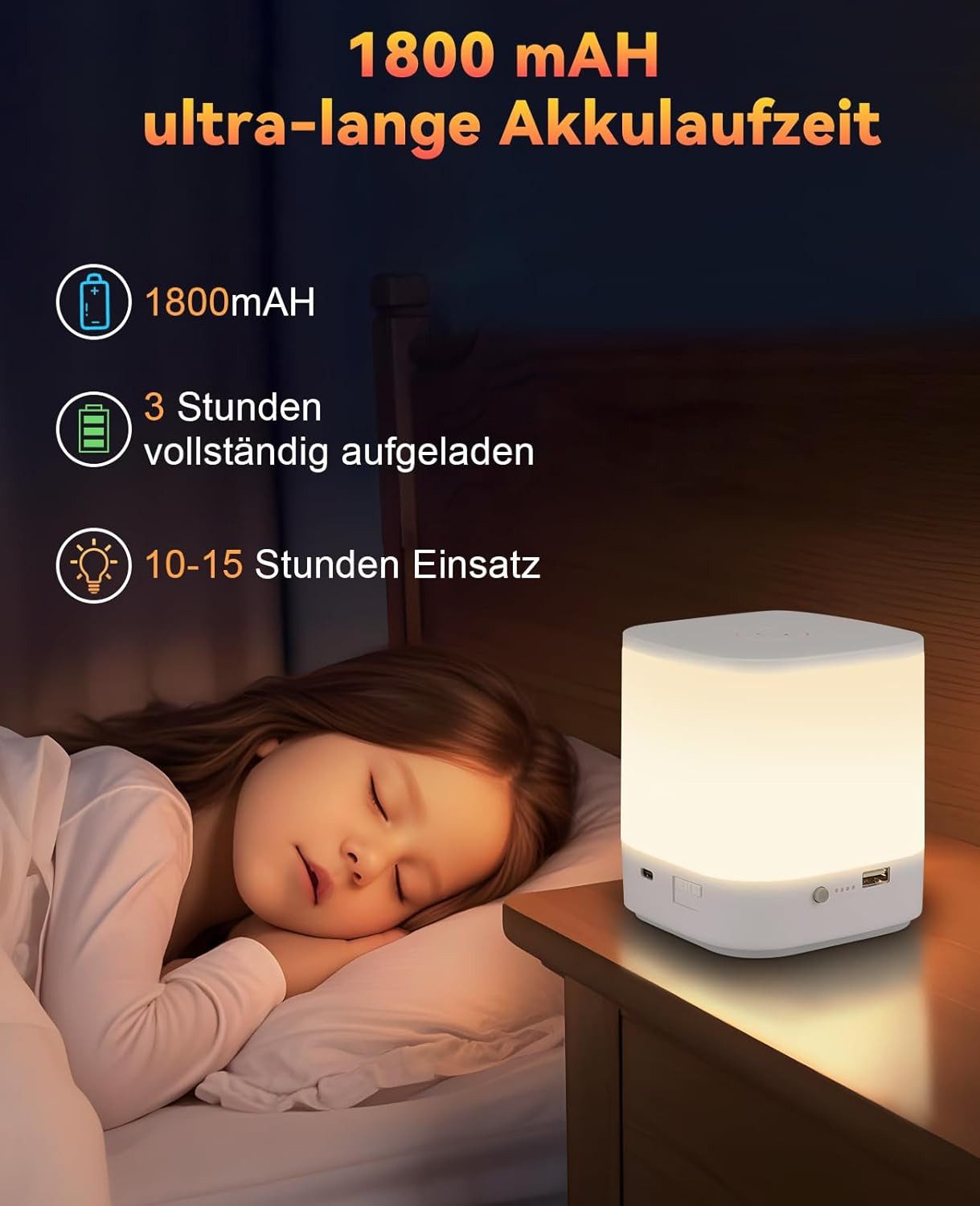 ZMH LED Tischleuchte Akku 1800mAH Touch Dimmbar Nachttischlampe Kabellos Schlafzimmer, LED fest integriert, 3000-6500K, USB Aufladbar mit 3 Farbtemperatur&Timin – Bild 5 von 5