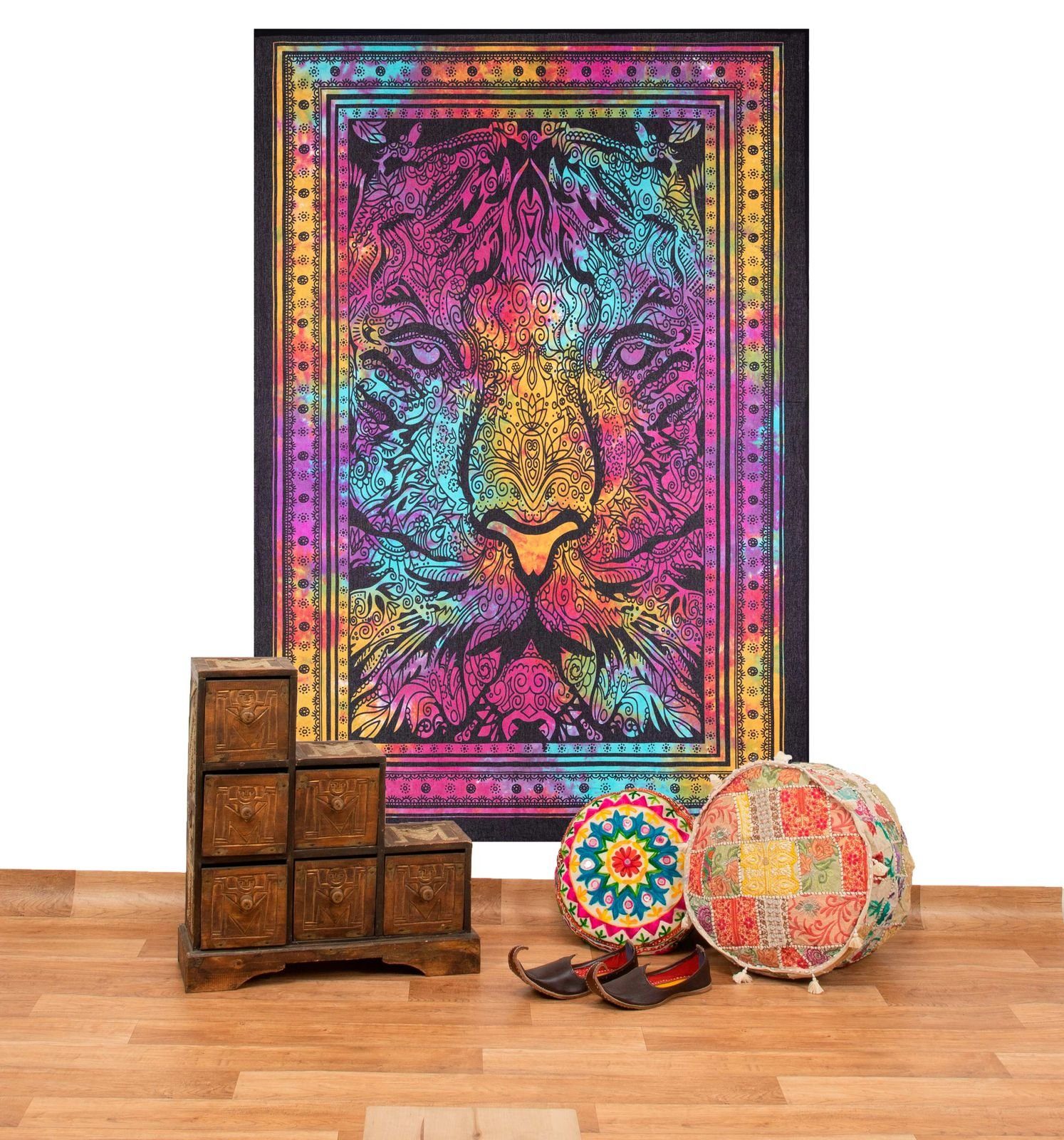 KUNST UND MAGIE Wandteppich Tagesdecke Wandbehang Bunt Sonne Mond und Sterne Hippie ca190 x 140cm