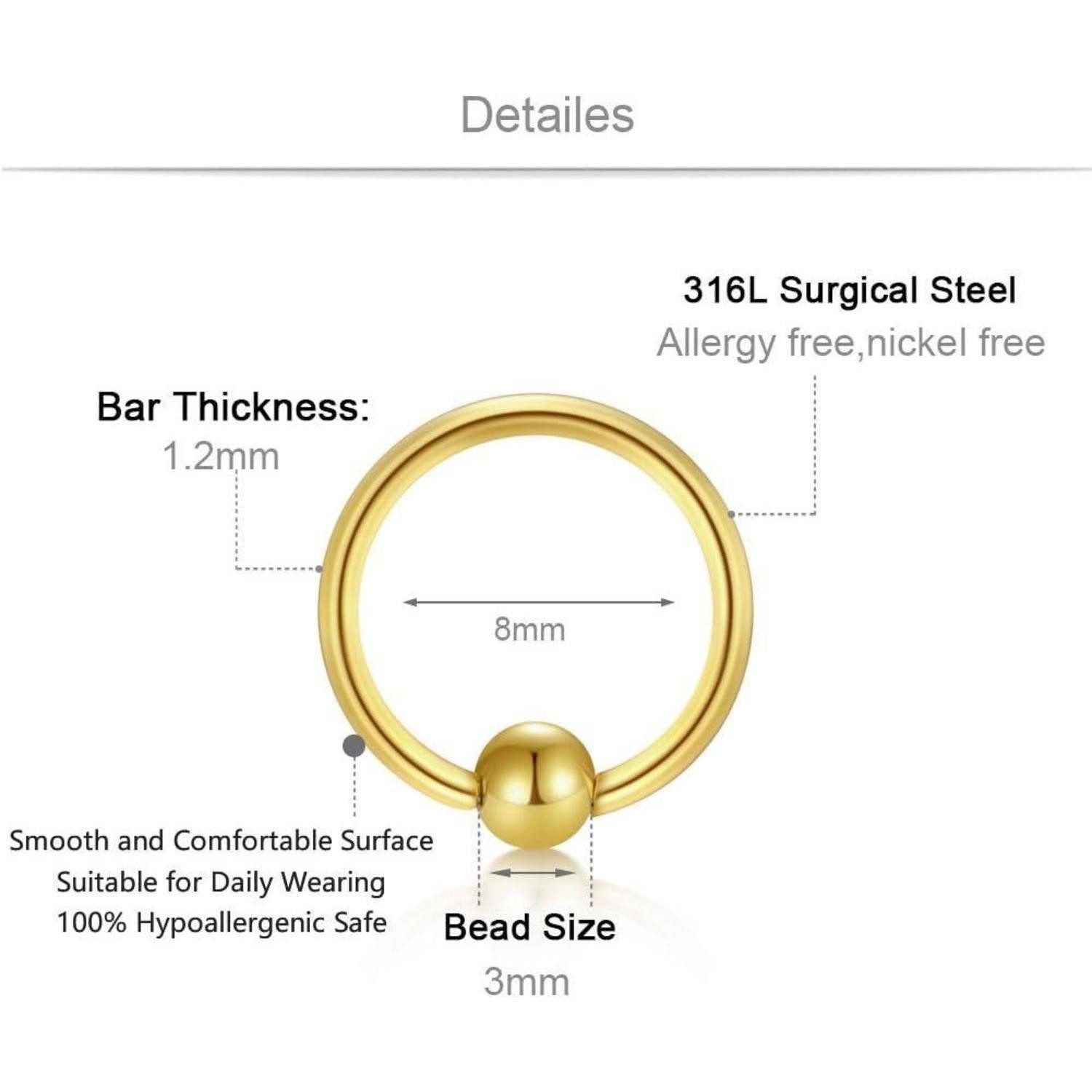 LuxusKollektion Piercing-Set 316L Chirurgenstahl Piercing Set - Kugel Ohr Lippen Nasen Augenbrauen