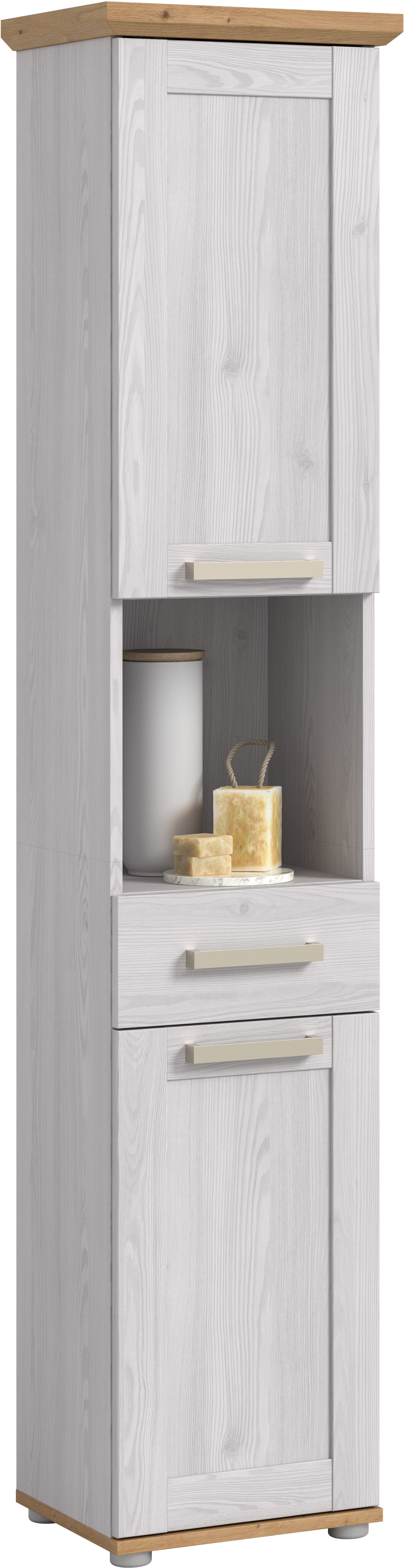 welltime Hochschrank COSENZA, Höhe 187cm, 2 Türen, 1 Schubkasten, 1 offenes Fach (1-St., in Landhausoptik, mit weiteren Artikel der Serie kombinierbar) Hochschrank, Bad, Badezimmerschrank
