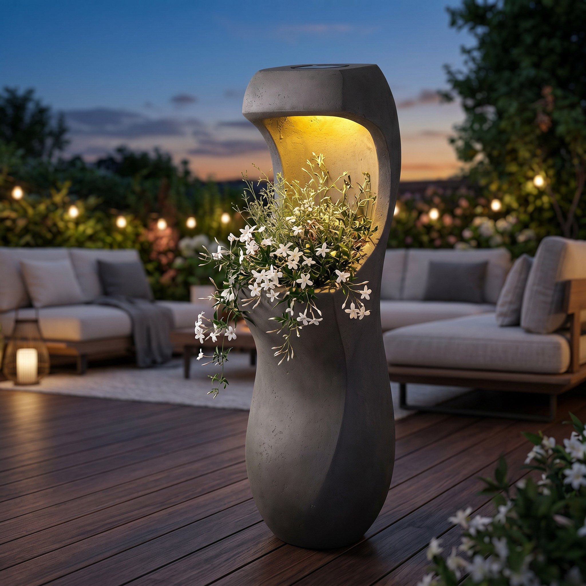 Arnusa Blumentopf Design Blumentopf mit LED Solarbeleuchtung 71 cm Betonoptik 7kg, Solar Gartenbeleuchtung