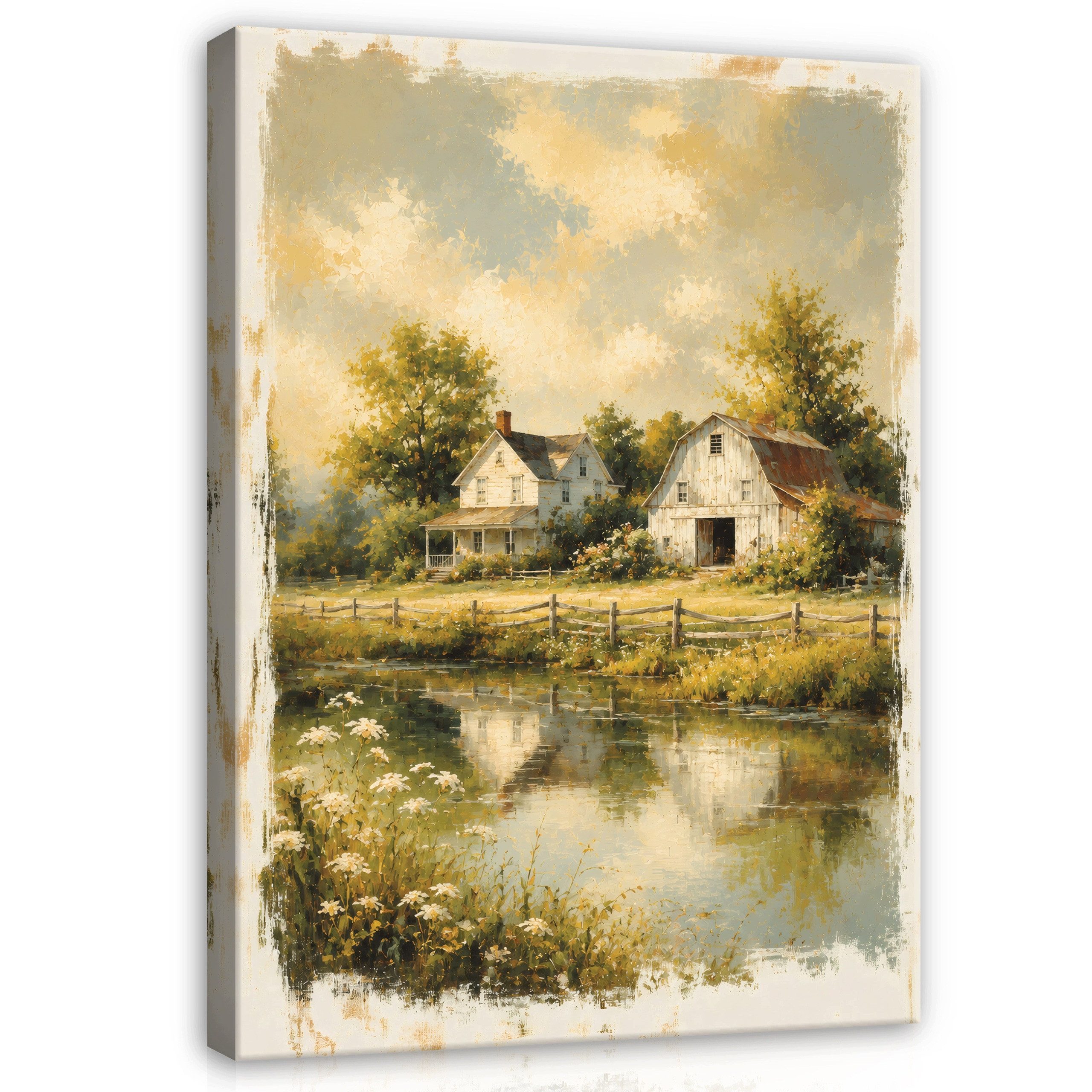 Wallarena Leinwandbild Bauernhof Landschaft Vintage Beige Schlafzimmer Bilder Wandbild, Dorf, Bauernhaus, Fluss (Leinwandbild, 1 St), Leinwand Bilder Wohnzimmer Schlafzimmer Wandbild Wanddeko 40x60 cm