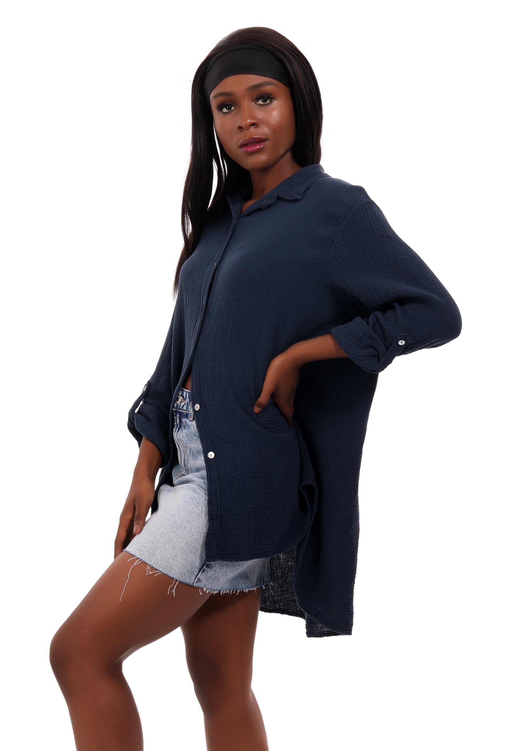 Langarm, Oversized YC Casual bluse Hemdbluse Herrlich Musselin (1-tlg) One Uni, Size & marine Style Bluse Fashion weicher Long