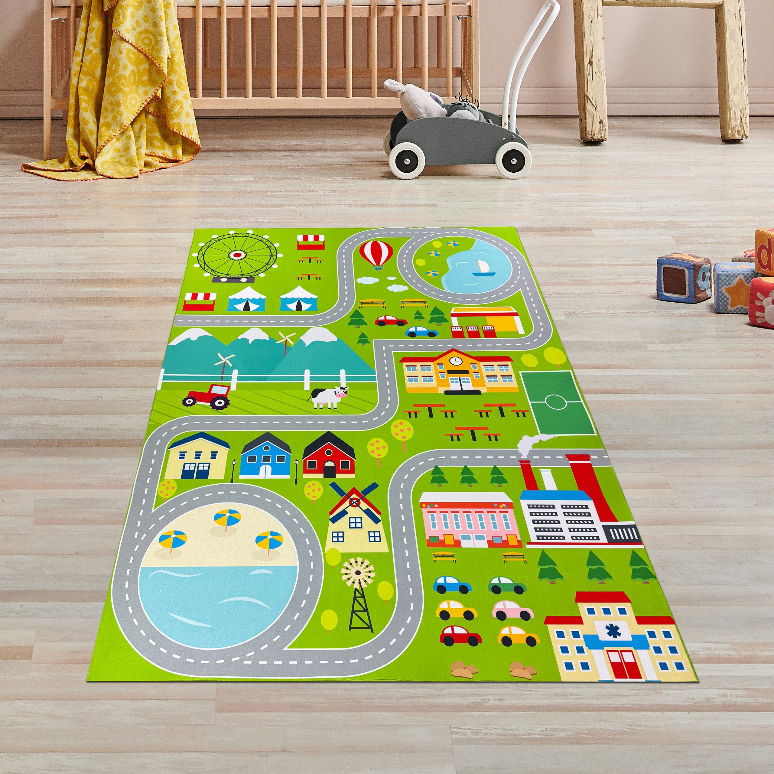 TeppichHome24 Kinderteppich Spielerischer Kinderzimmerteppich mit Städtemuster in Grün, rechteckig, Höhe: 5 mm