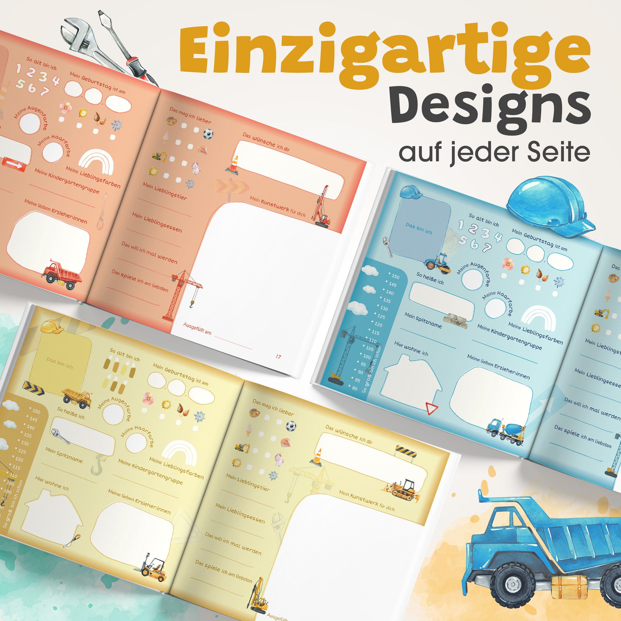 Eulentaler Freundebuch Kindergarten Baumaschinen & Bagger I Von Erzieherinnen gestaltet I + Goldprägung, Handgemalte Illustrationen I Kinderfreundliche Gestaltu – Bild 5 von 5