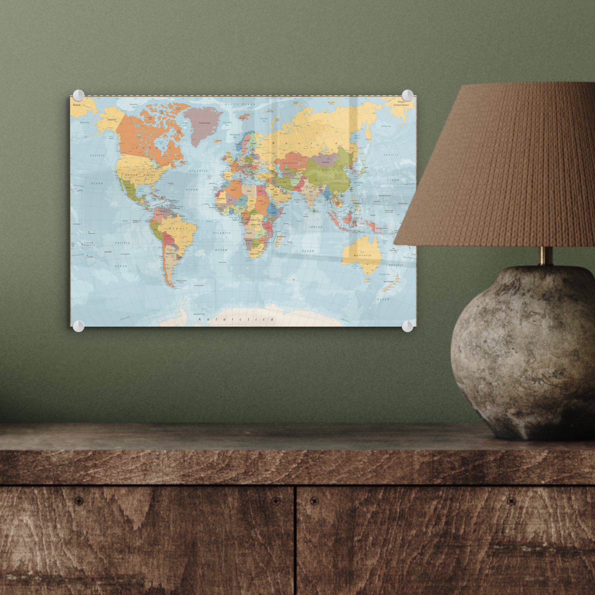 Wanddekoration Weltkarte (1 Bilder - St), MuchoWow Wandbild Glas Glasbilder Foto auf - - auf - Farben Glas Atlas, Acrylglasbild -