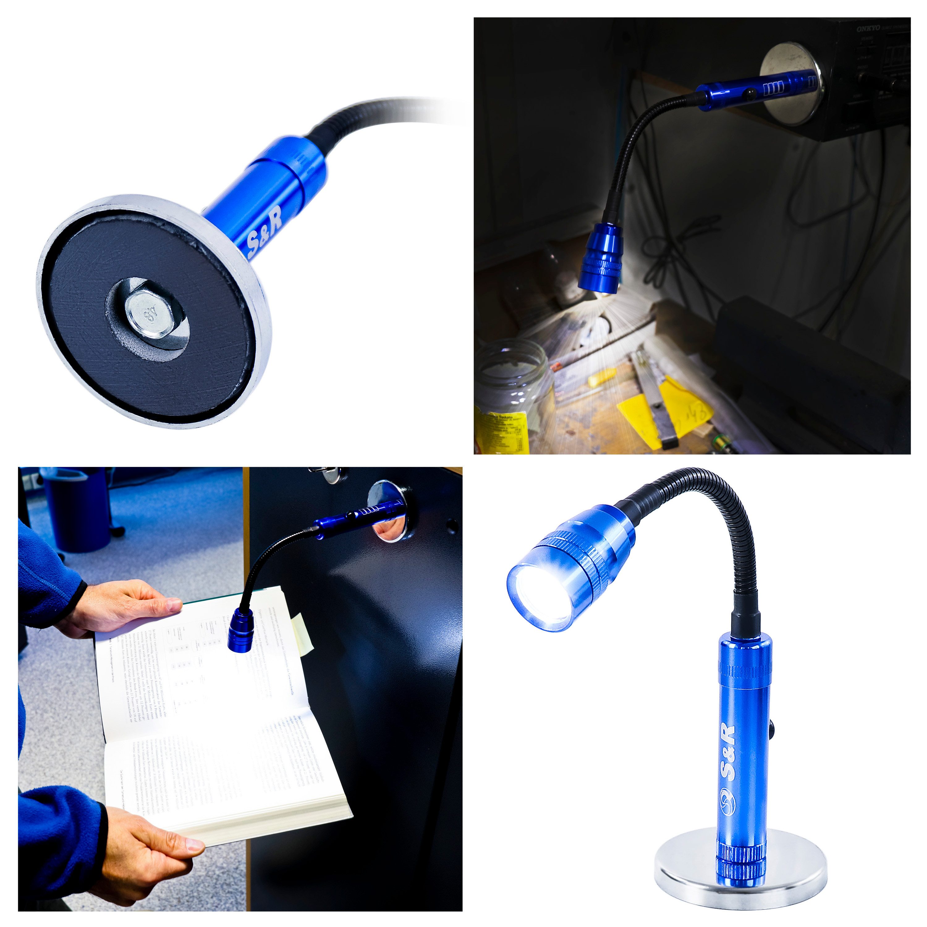 S&R LED Taschenlampe Magnetische LED Lampe, flexible Taschenlampe mit Magnet Sockel (1-St., S&R Magnetische LED Lampe + 4 x LR44 Batterien sind bereits enthalten), für Werkstatt, Montage, Reparaturen, Camping, Outdoor, zum Lesen
