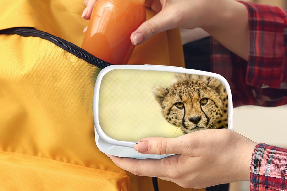 Lunchbox - (2-tlg), Leopard für Mädchen MuchoWow weiß Kunststoff, - Gepard für Brotbox und Brotdose, und Erwachsene, Jungs Kinder Tier,