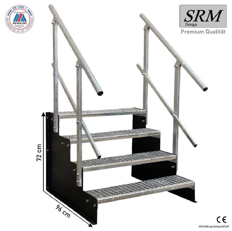 SRM Design Außentreppe 4 Stufen Standtreppe Schwarz, Breite 100cm, Höhe 72cm 2x Geländer