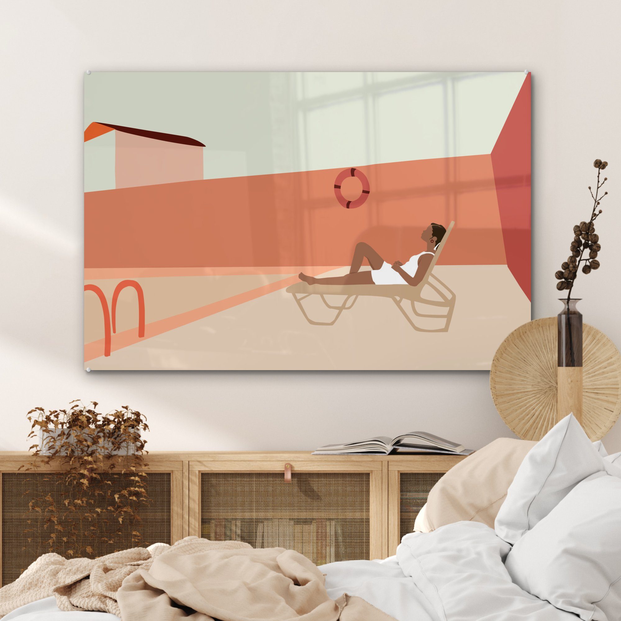 MuchoWow Acrylglasbild Frauen - Pastell, (1 - & Schlafzimmer Strandkorb St), - Wohnzimmer Acrylglasbilder Pool