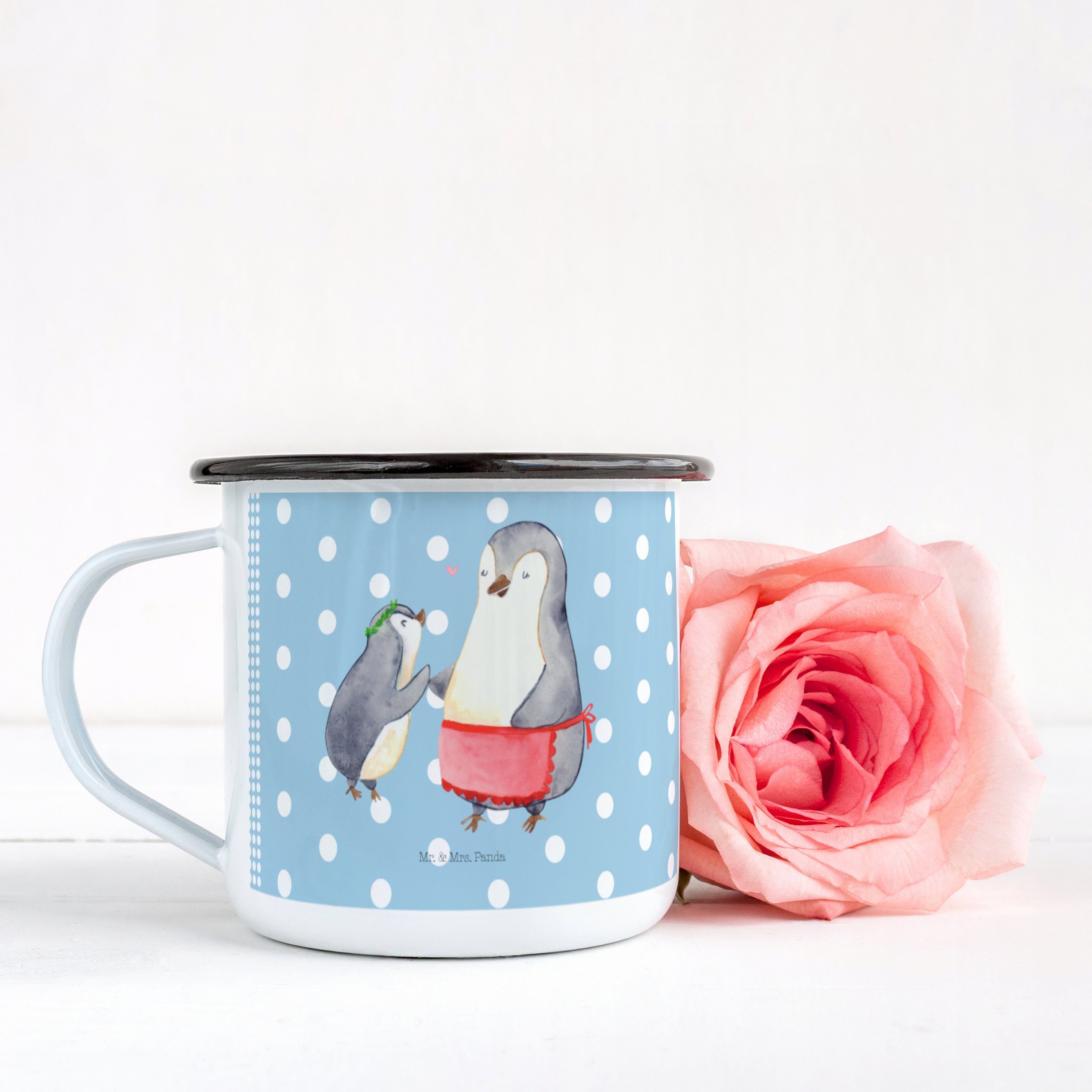 Mr. & Mrs. Panda St) mit Geschenk, Bruder, Kind Pastell Muttertag, - Pinguin (1 Dekobecher Blau Emaill 