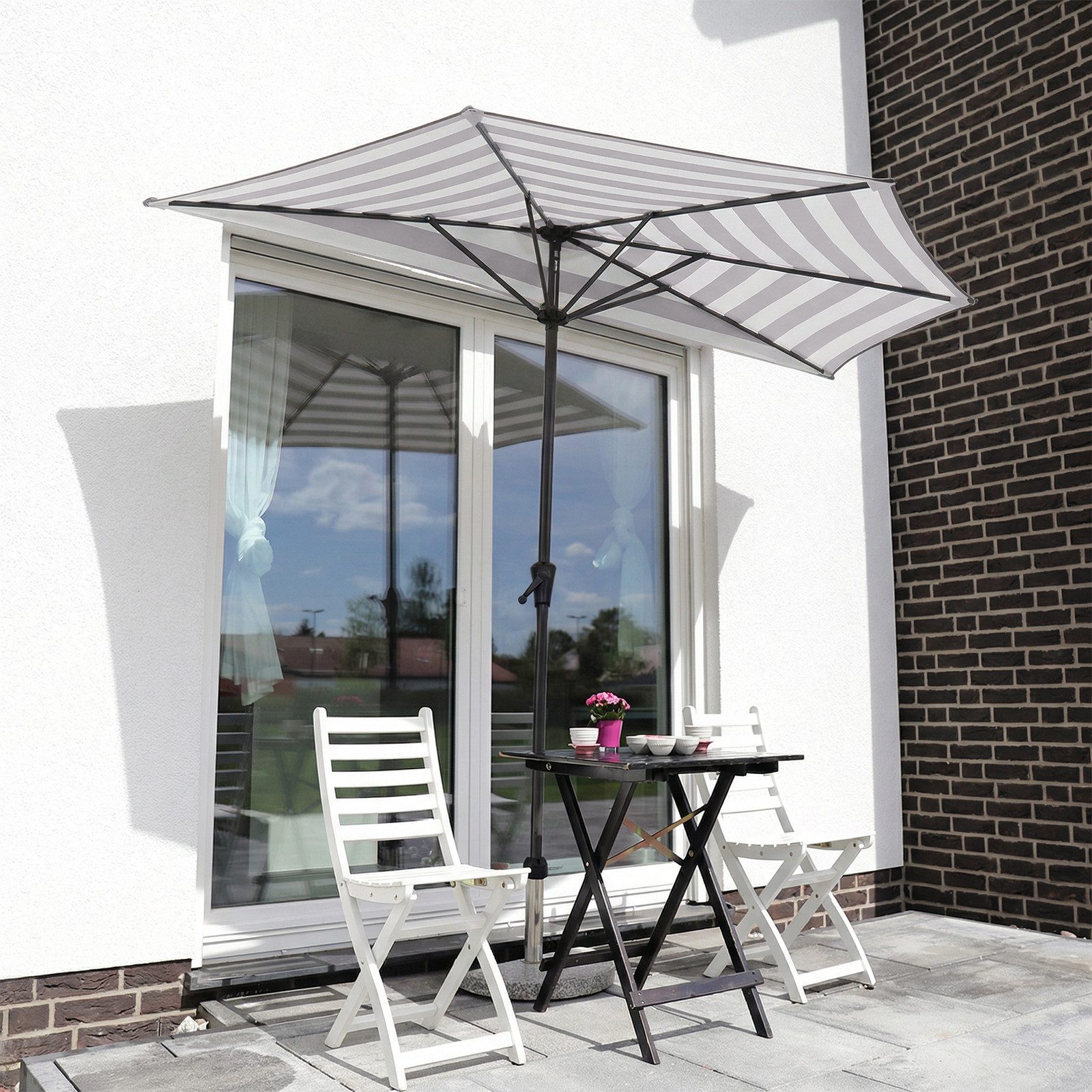 Sekey Sonnenschirm 270 cm Sonnenschirm Streifen Halbrund Terrassenschirm mit Kurbel, Halbrundschirm für Balkon, Garten, Hof, Restaurant, Café, Biergarten