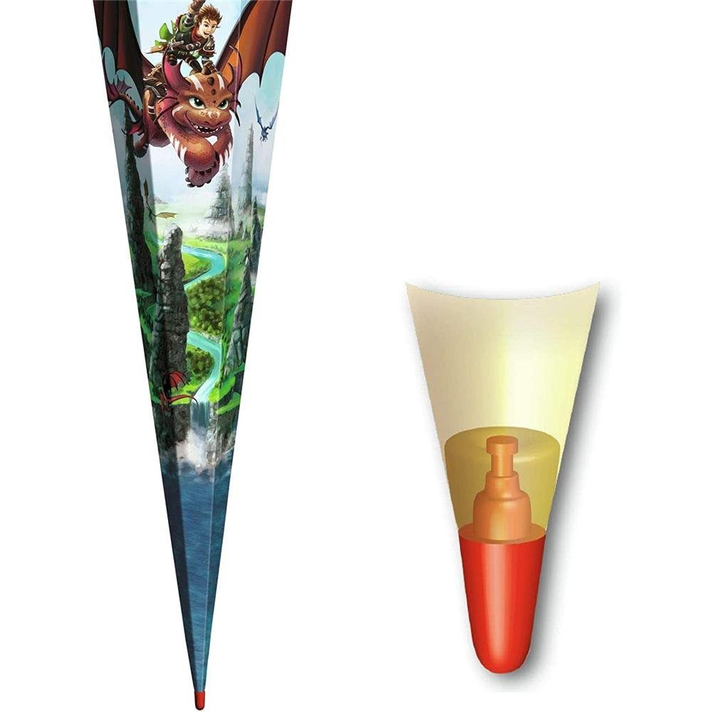 Roth Schultüte Drachenjäger, 85 cm, eckig, mit orangefarbigem Tüllverschluss, Rot(h)-Spitze