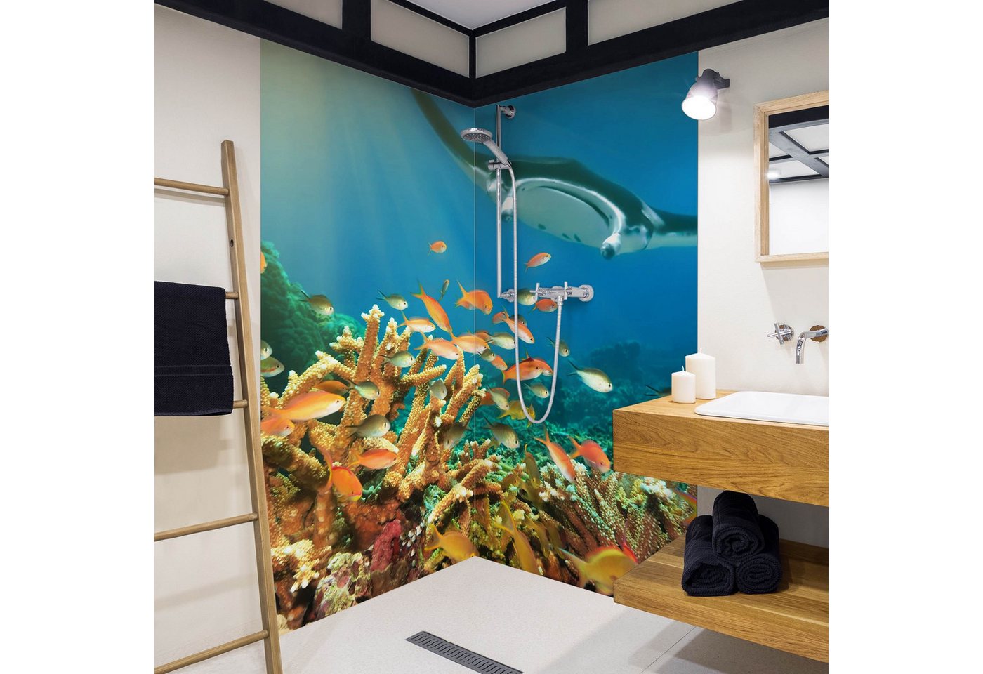 Thumbnail - Bilderdepot24 Badrückwand Strand blau Duschrückwand ohne Bohren Natur Meere Tiere, (Hartfolie matt » Selbstklebend SMART...
