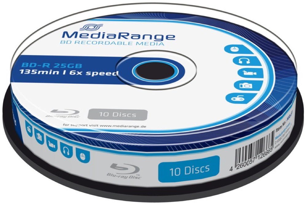 Mediarange Blu-ray-Rohling 10 Mediarange Rohlinge Blu-ray BD-R 25GB 6x Spindel