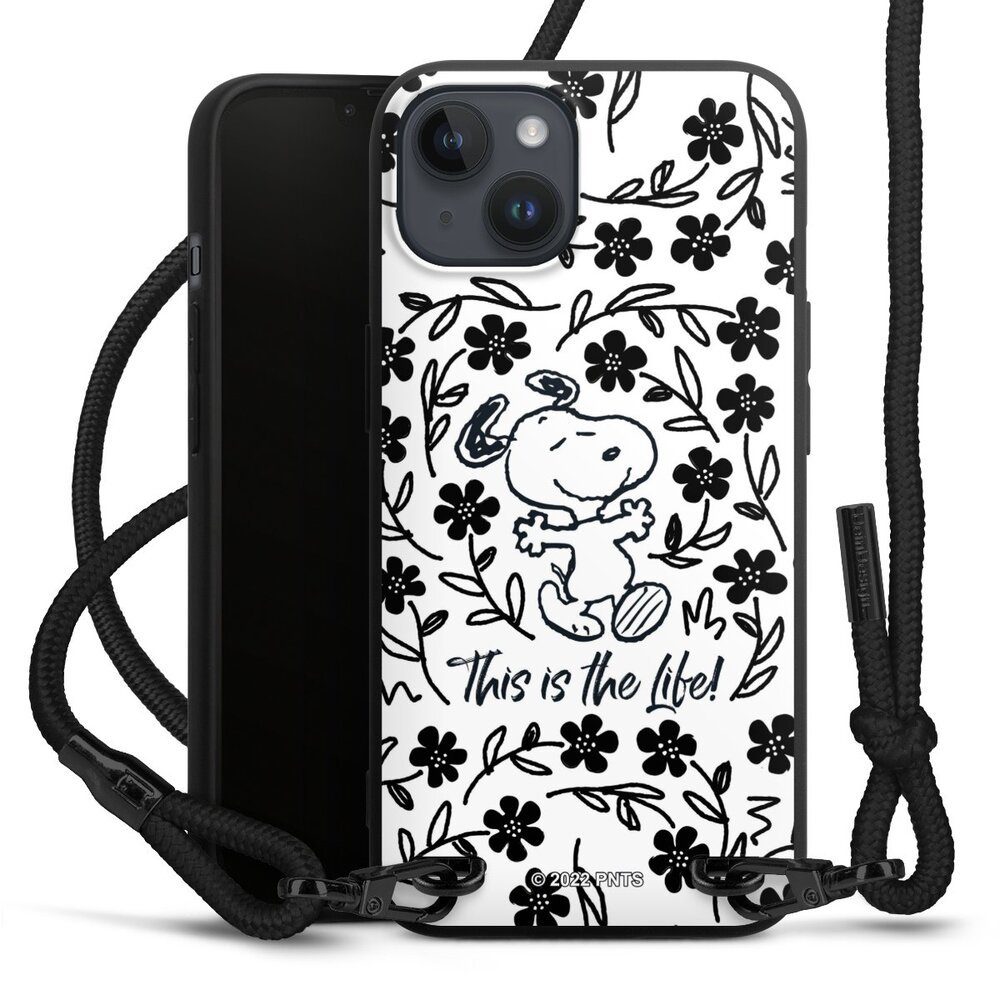DeinDesign Handyhülle Peanuts Blumen Snoopy Snoopy Black and White This Is The Life, Apple iPhone 14 Plus Premium Handykette Hülle mit Band Cover mit Kette