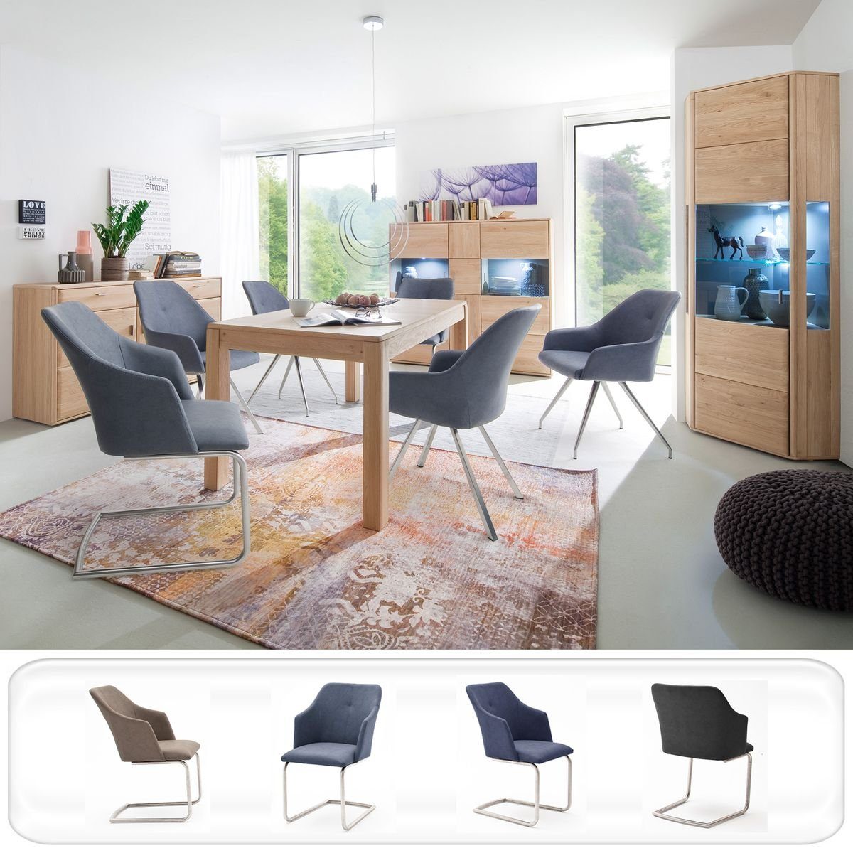 expendio Wohnzimmer-Set Torrent 148, (Spar-Set, 8-St), Eiche bianco montiert LED + 4x Stuhl B3 Kunstleder graublau