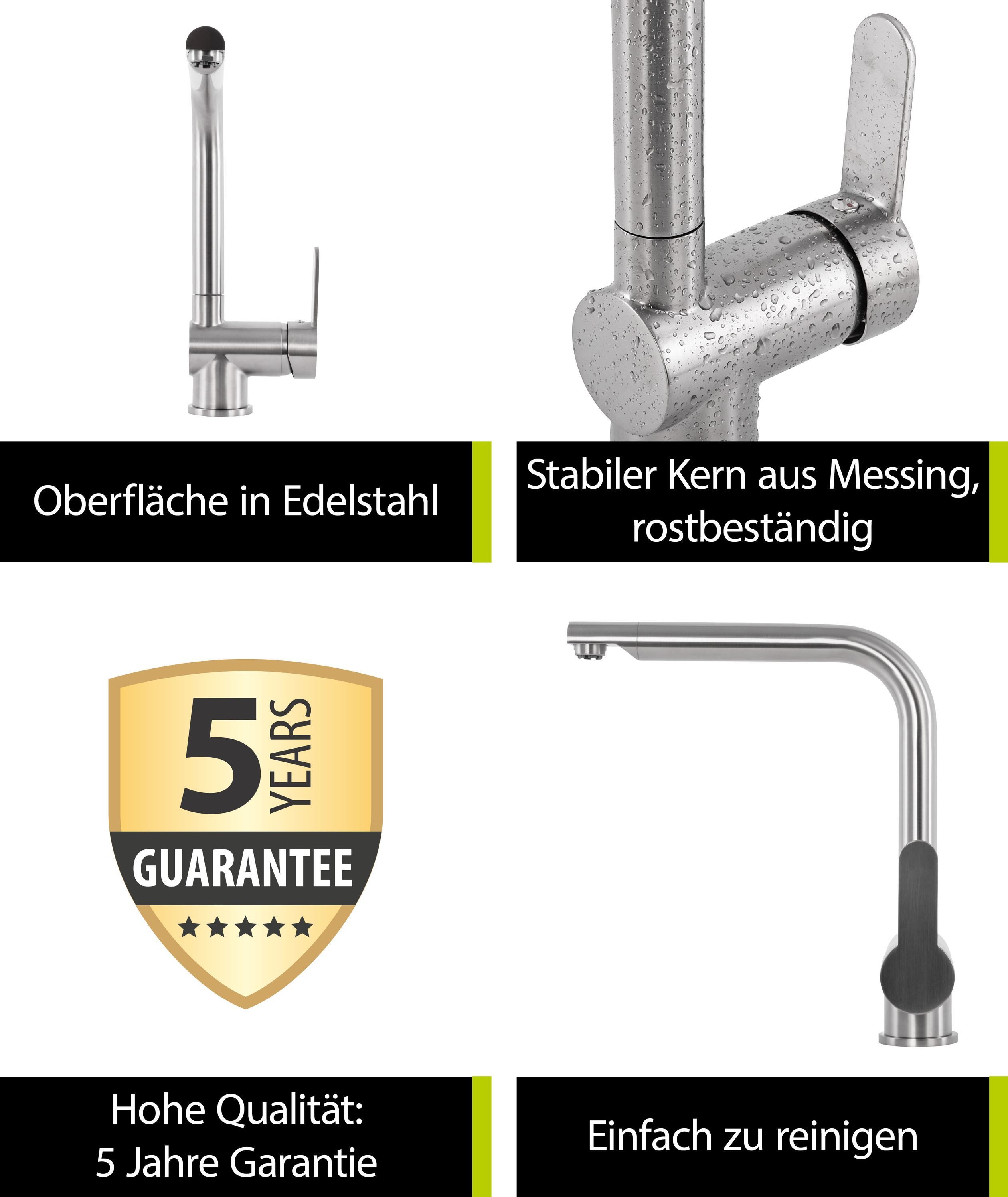 aquaSu Spültischarmatur Sanmix Style Niederdruck, Edelstahl, Boiler, Warmwasseranschluss, hoher Auslauf