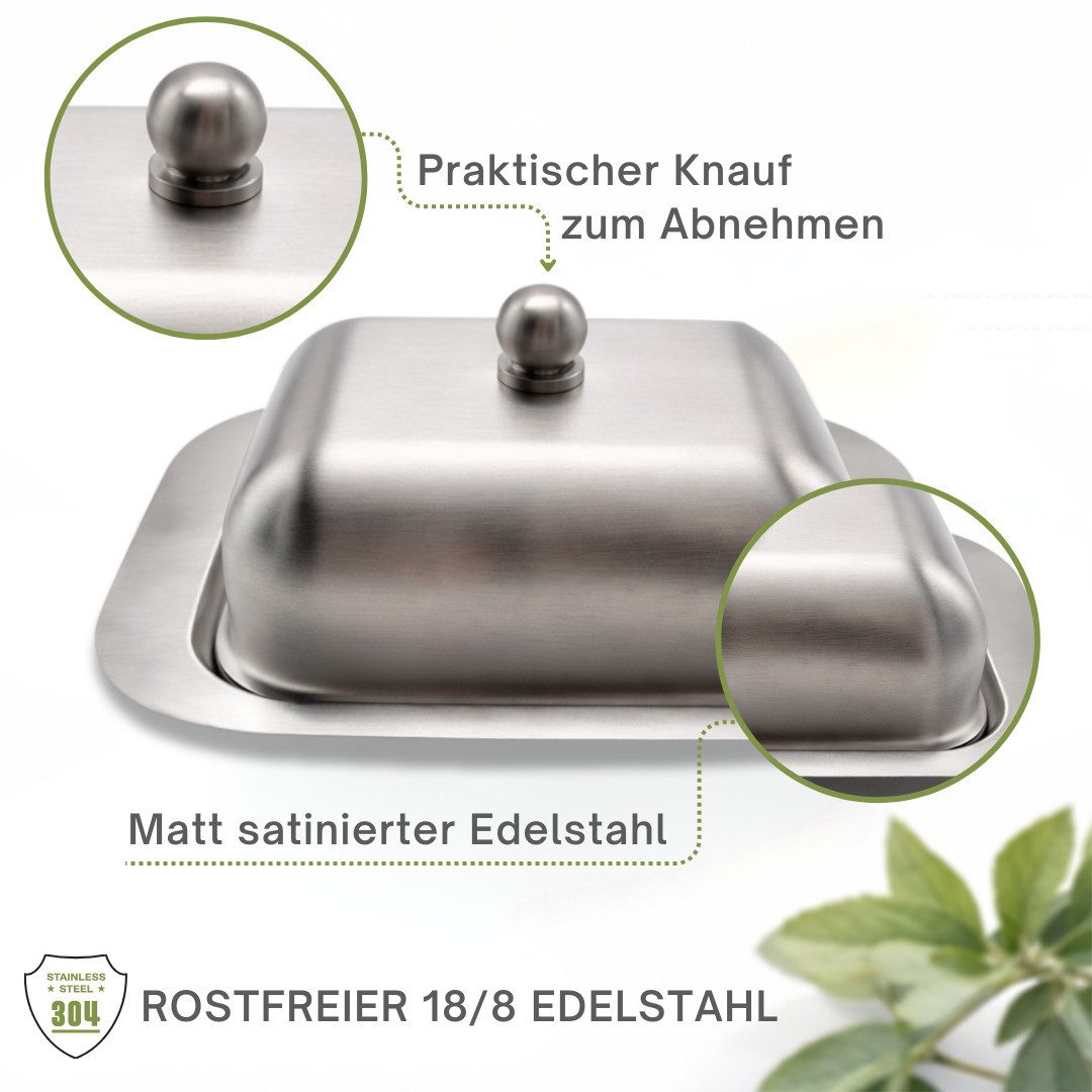 Topanbieter999 Butterdose Edelstahl matt Butterglocke Aufbewahrung Butter Butterbehälter, Edelstahl 18/8, (2 tlg), Unterteil satiniert