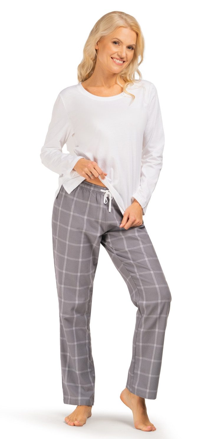 Consult-Tex Pyjama Damen Langarm Flanell Pyjama - Schlafanzug - Hausanzug 3er Set DW145 (Spar-Set, 3teilig, 2 Oberteile, 1 Hose) Mit Brusttasche