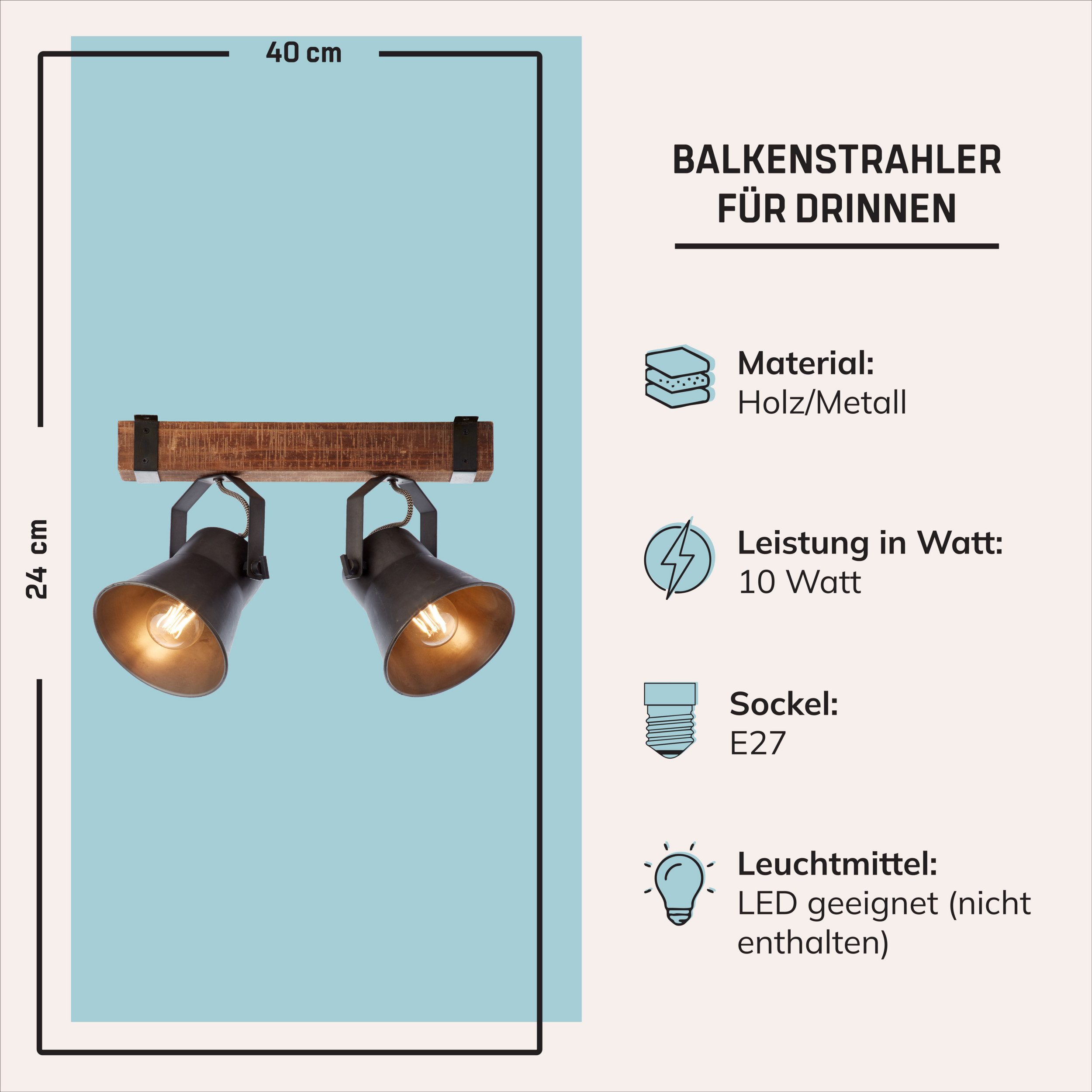 Lightbox Deckenstrahler, ohne Leuchtmittel, 2 flammige Deckenleuchte - Spotbalken mit schwenkbaren Köpfen Schwarz