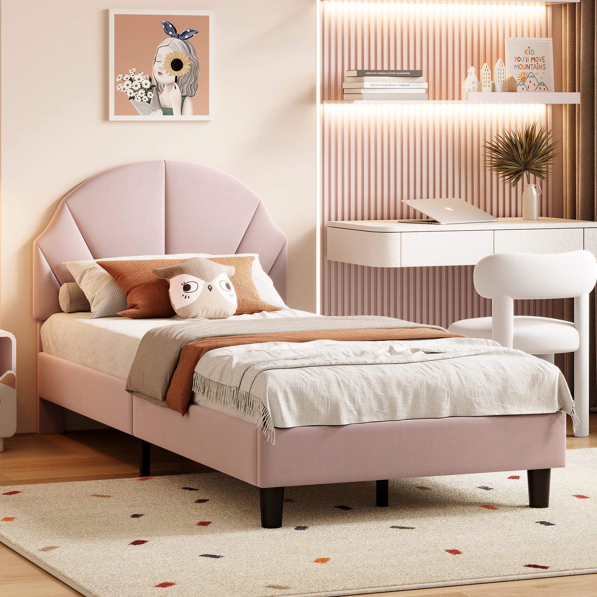 FUROKOY Polsterbett Kinderbett Jugendbett Einzelbett 90x200cm, Einzelbett mit verstellbarem Kopfteil,Rosa