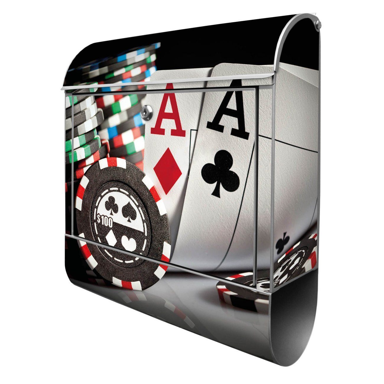 banjado Wandbriefkasten Stahl Poker (Wandbriefkasten witterungsbeständig, pulverbeschichtet, mit Zeitungsfach), 39 x 47 x 14cm silberfarben
