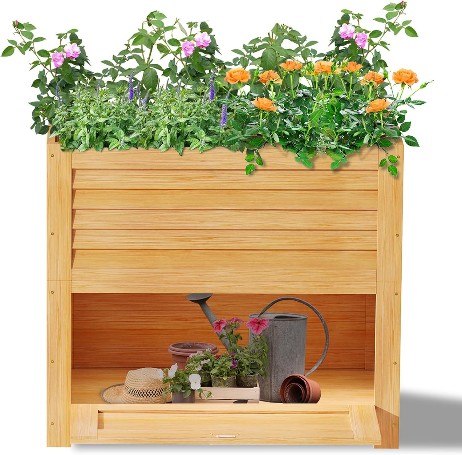 Meulbaty Blumenkasten Holz-Hochbett, Outdoor Pflanzkasten für Garten mit Stauraum, 100% natürliches Holz, inkl. aller Teile & klarer Anleitung