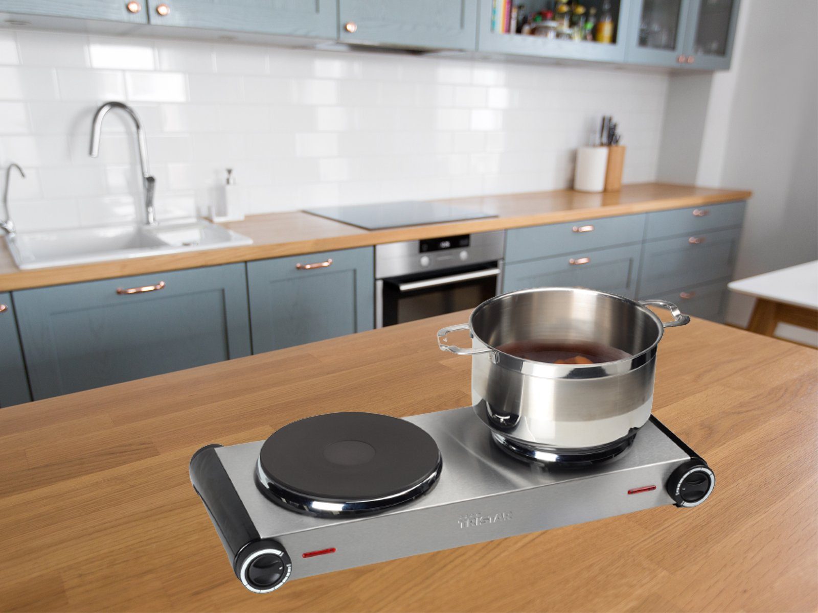 Tristar Doppelkochplatte, Mobiles elektrisches 2er Platten autarkes Kochfeld 15,5/18,5cm Camping