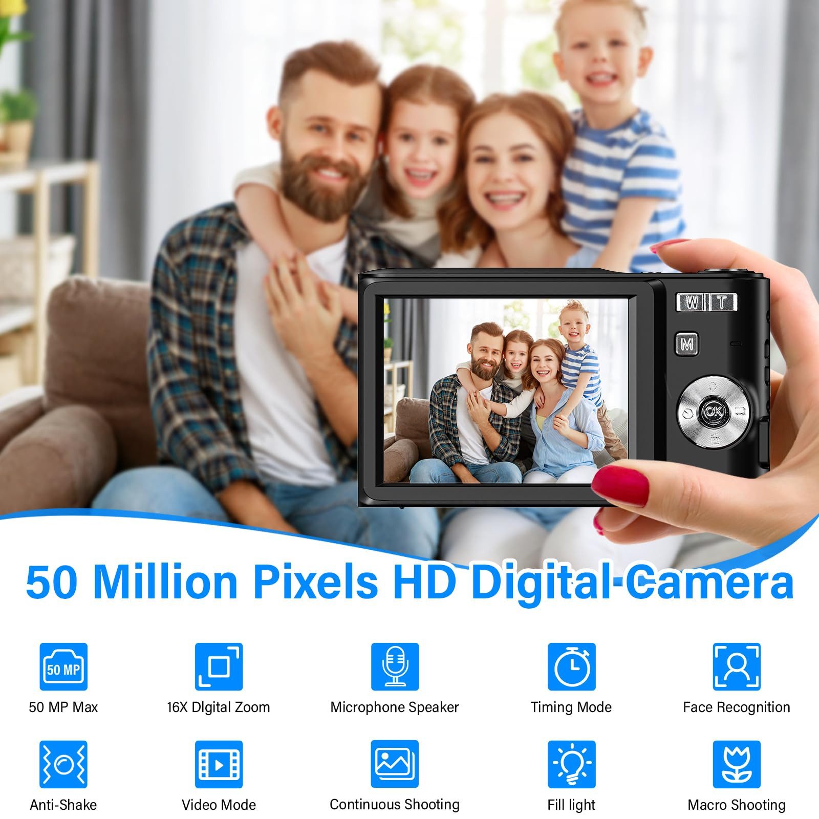 Kityhome Kompaktkamera Digital – Digitalkamera mit Digitalzoom, Fotokamera Kompaktkamera (50 MP, 1080P, 16x optischer Zoom, 2,4 Zoll Bildschirm, Webcam-Funktion)
