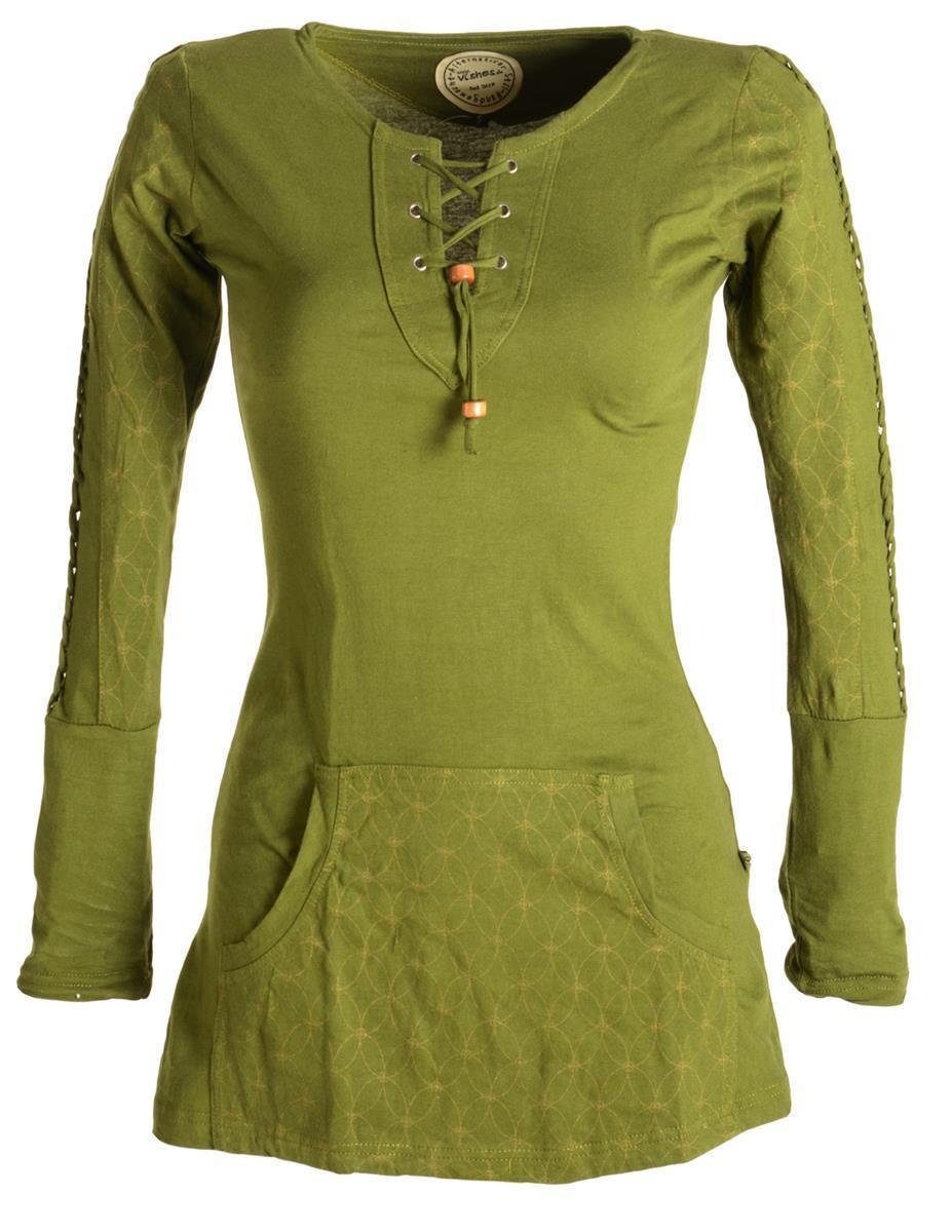 Goa Bedrucktes olive Hippie, Boho, Sweater Longshirt mit Vishes Kängurutasche Style Baumwolle Ethno,