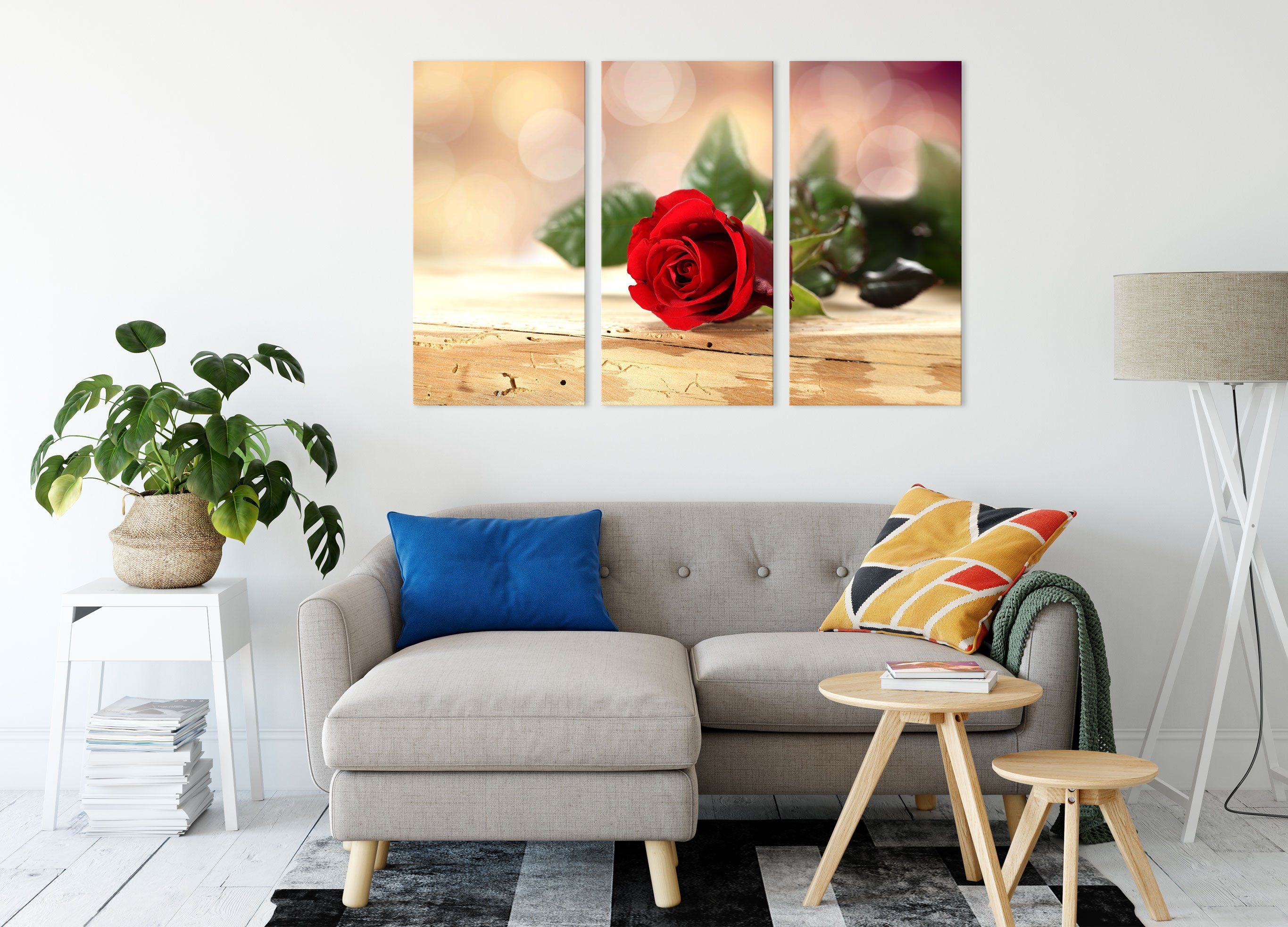 Leinwandbild auf (120x80cm) Holztisch bespannt, 3Teiler Holztisch, Leinwandbild Rose Zackenaufhänger St), auf (1 Rose Pixxprint fertig inkl.