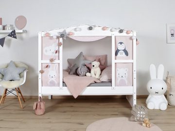 Ticaa Hausbett Hausbett Mini mit Bettkasten "Amelie" Kiefer Weiß (Set), Hausbett mit Vorhangstoff, Matratze und Rollrost