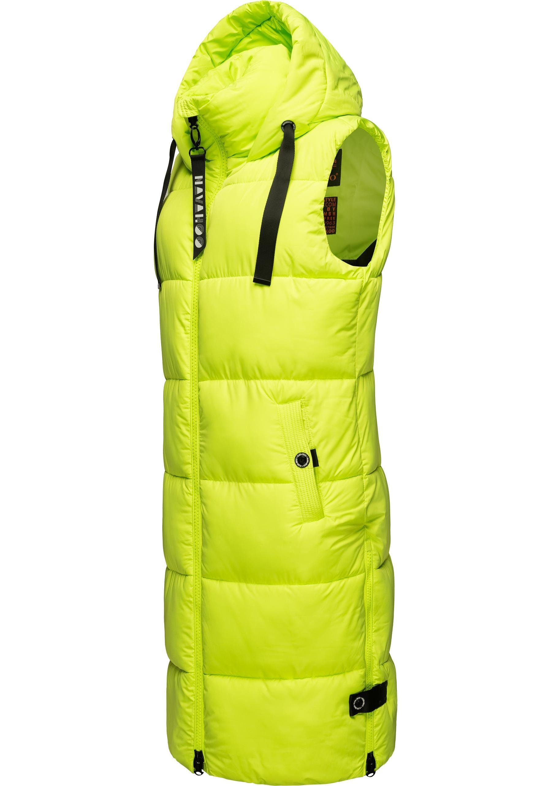 Navahoo Steppweste Kapuze lang mit neongrün (1-tlg) Schnuffelchen Damen warme Outdoor-Weste