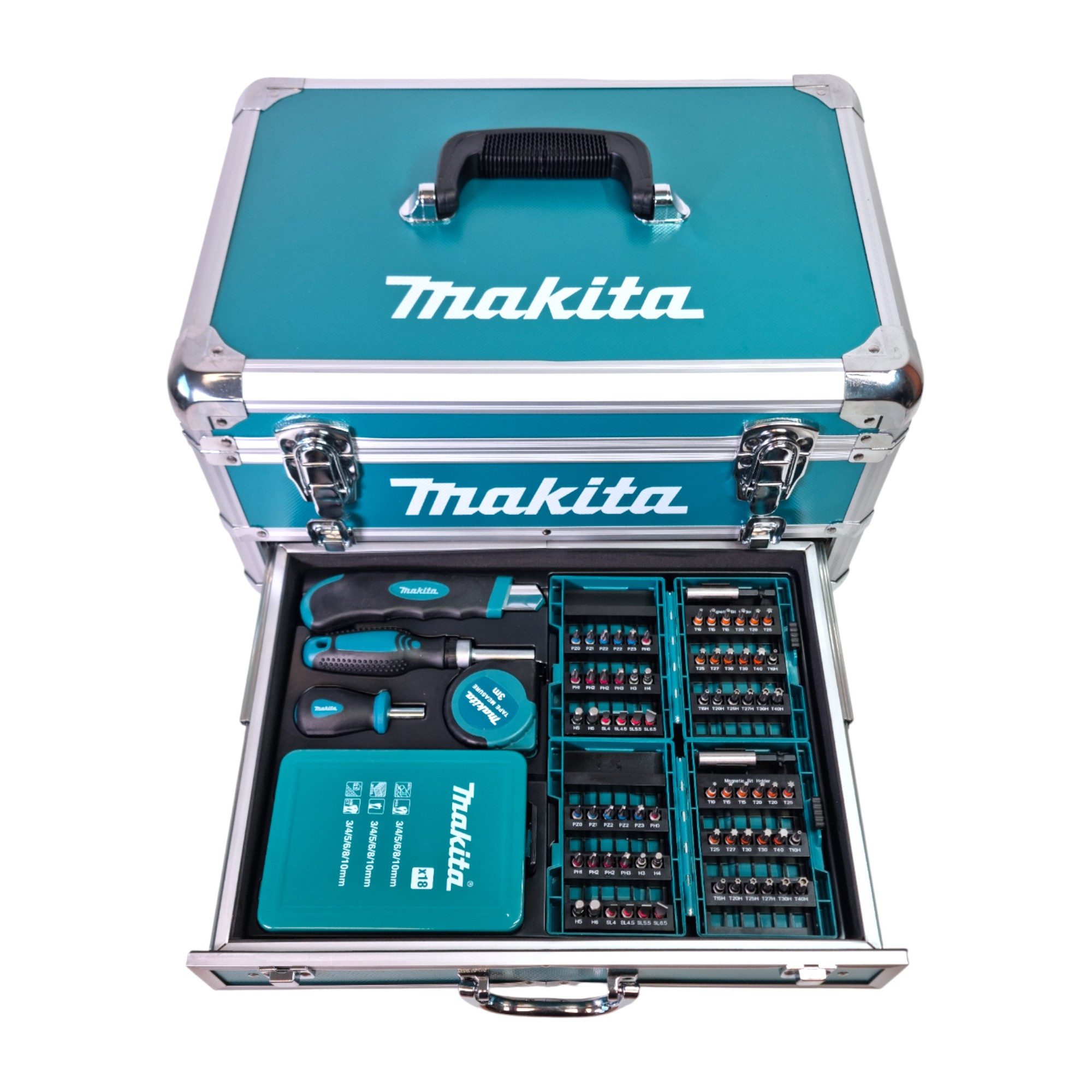 Makita Werkzeugset Makita X9 Alu Schubladen Koffer + 96 tlg. Zubehör Set