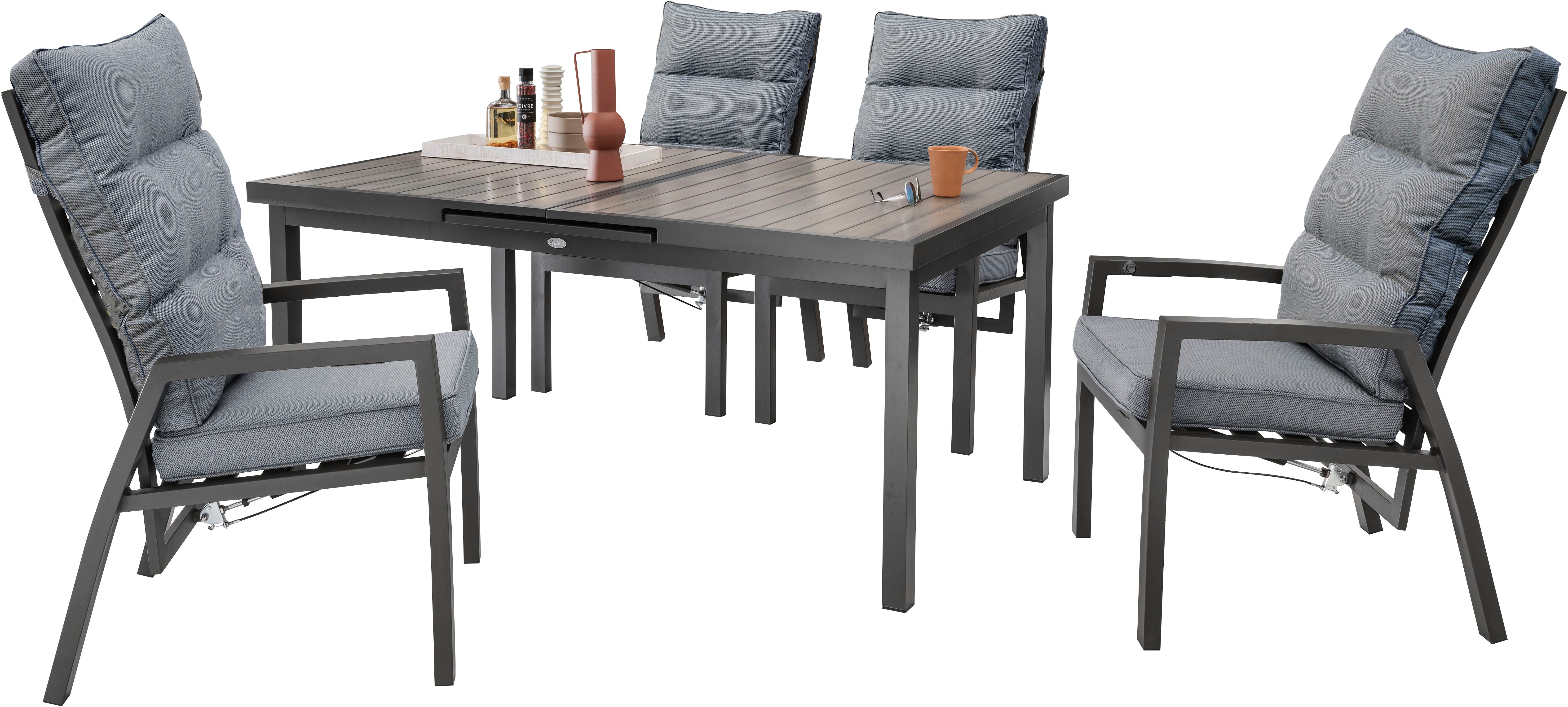 Destiny Garten-Essgruppe GARDA IMOLA, (9-tlg), 4 Hochlehner inkl. Auflagen, 1 Ausziehtisch 165/215x100 cm