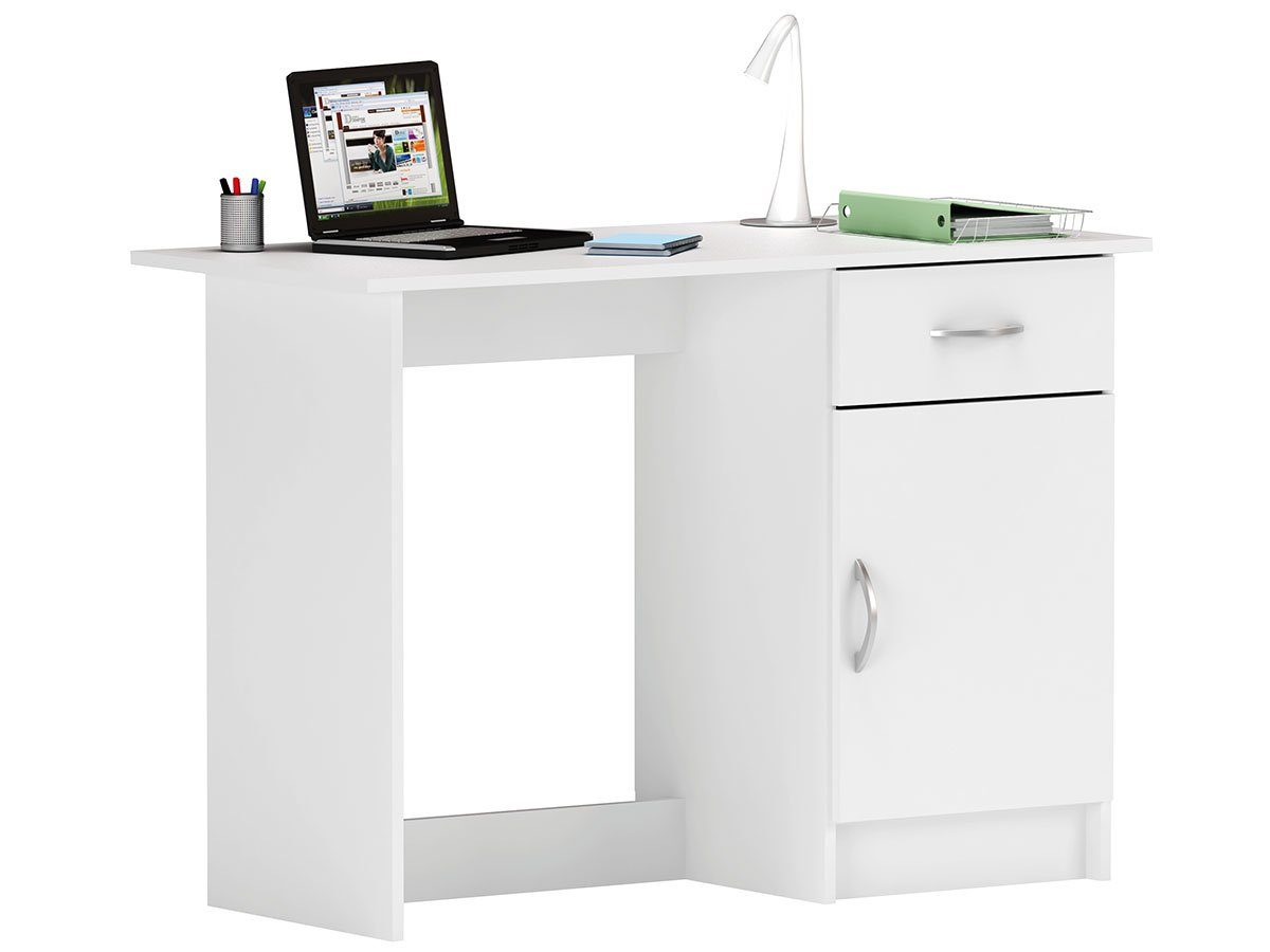 möbelando Schreibtisch Kira, Praktischer Schreibtisch in Weiß. Ausgestattet mit 1 großen Tischplatte, 1 Drehtür und 1 Schubkasten. Breite 108,5 cm, Höhe 75 cm, Tiefe 50 cm.