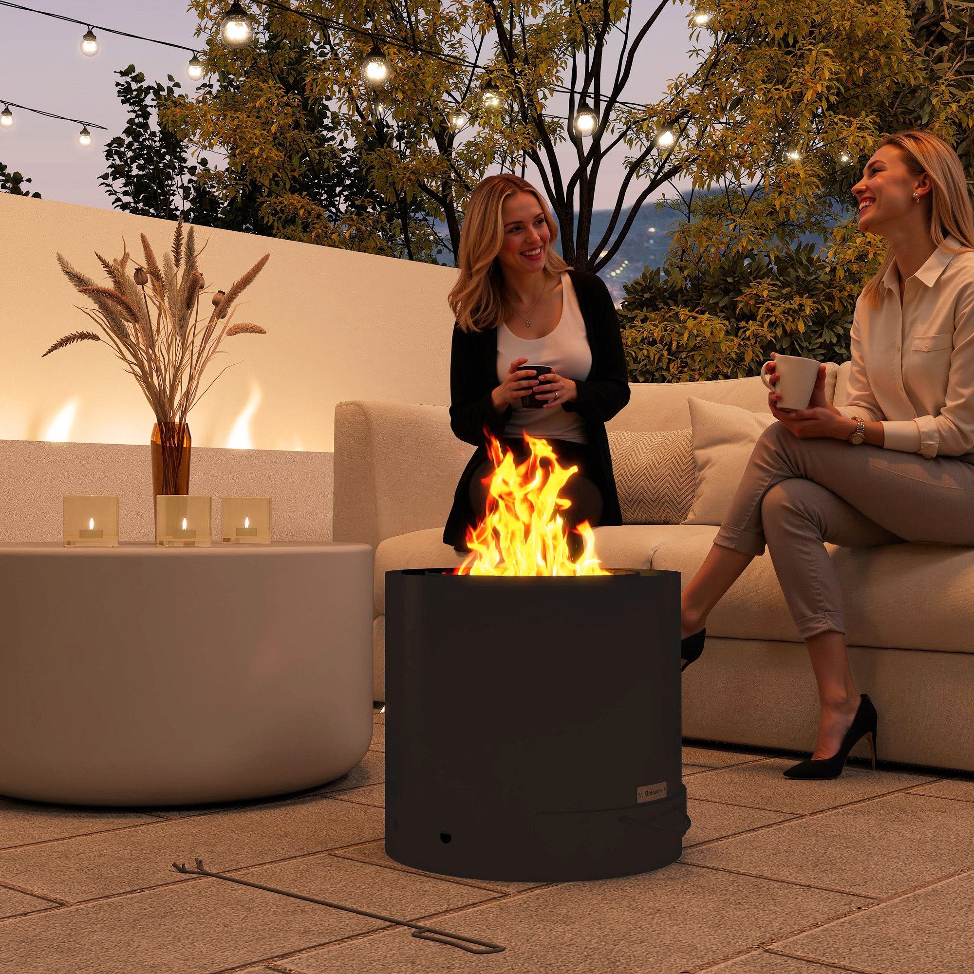 Outsunny Feuerschale Feuerstelle aus Stahl mit Schürhaken Aschenwanne Feuerschalen, (Feuerstelle aus Edelstahl, 1-St., Holzfeuerstelle), Ø45 x 42cm, für Garten, Balkon Terrasse, Outdoor BBQ Camping Schwarz