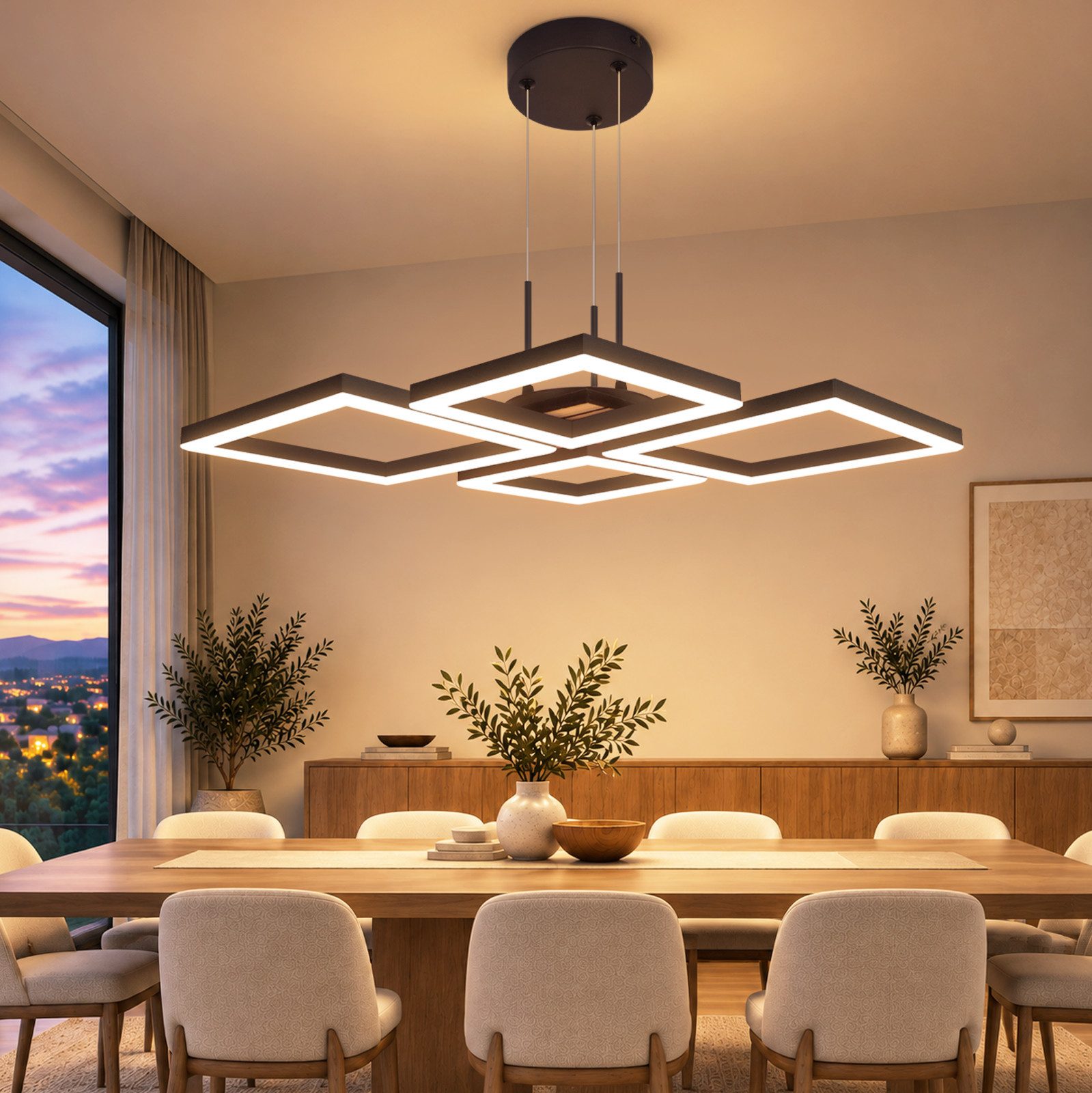 Nettlife LED Pendelleuchte Esstisch Modern Hängelampe Holzoptik Schwarz Metall 21/32W, LED fest integriert, 3000K Warmweiß für Esstisch Wohnzimmer Küche 48*45.5*110cm