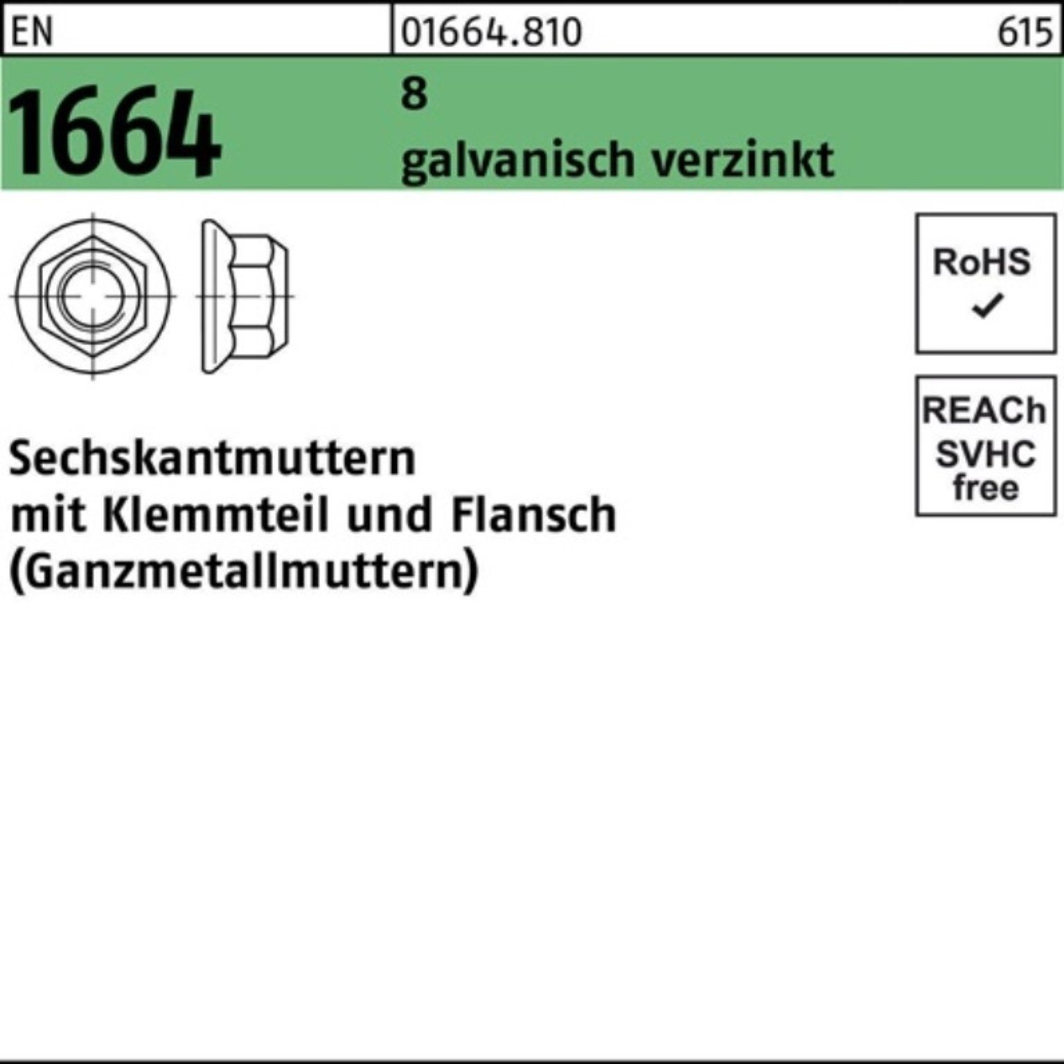 Reyher Muttern 100er Pack Sechskantmutter EN 1664 Klemmteil/Flansch M5 8 galv.verz. 1