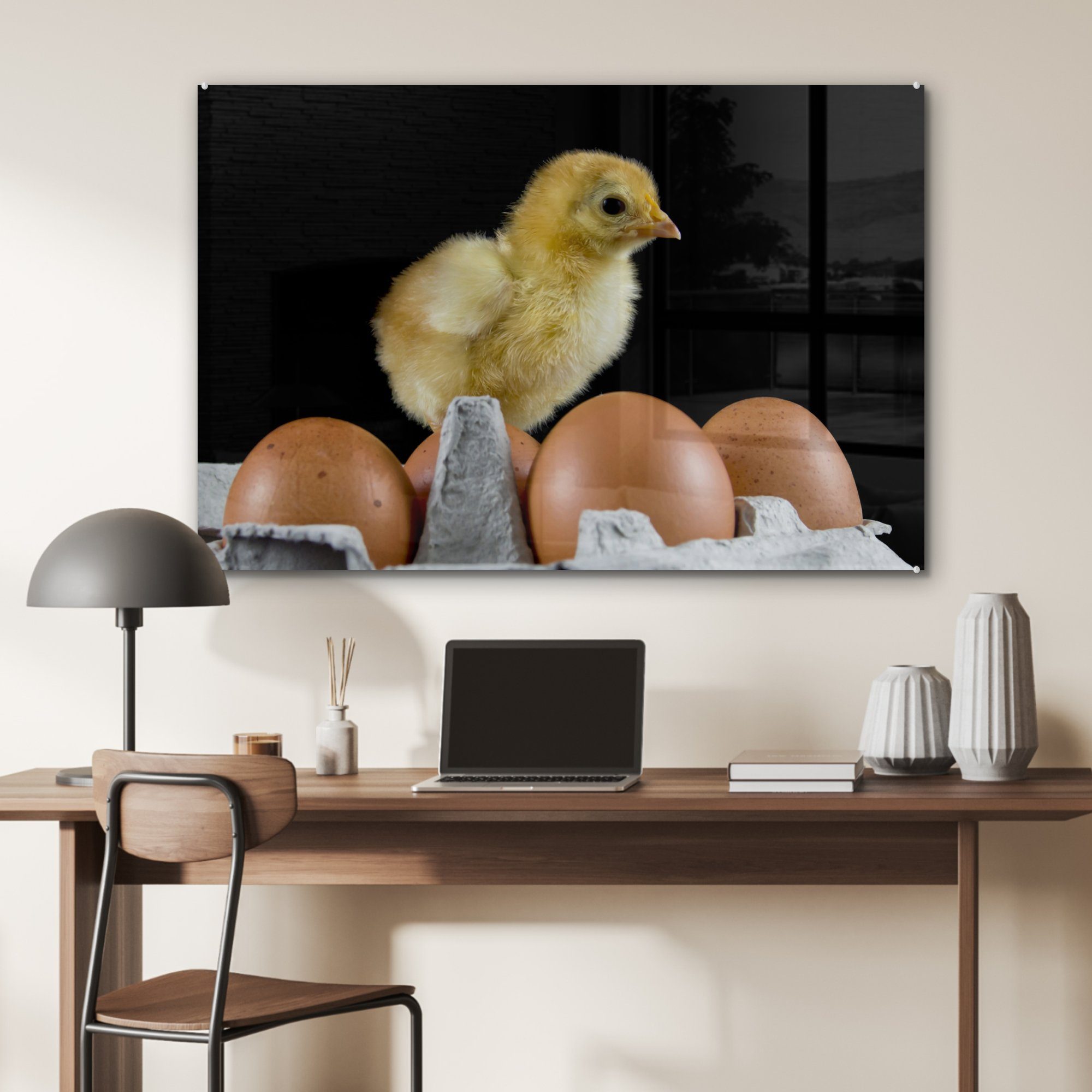 schwarzem (1 Küken Ei einem St), MuchoWow & Acrylglasbilder Ein Acrylglasbild Wohnzimmer auf auf Hintergrund, Schlafzimmer