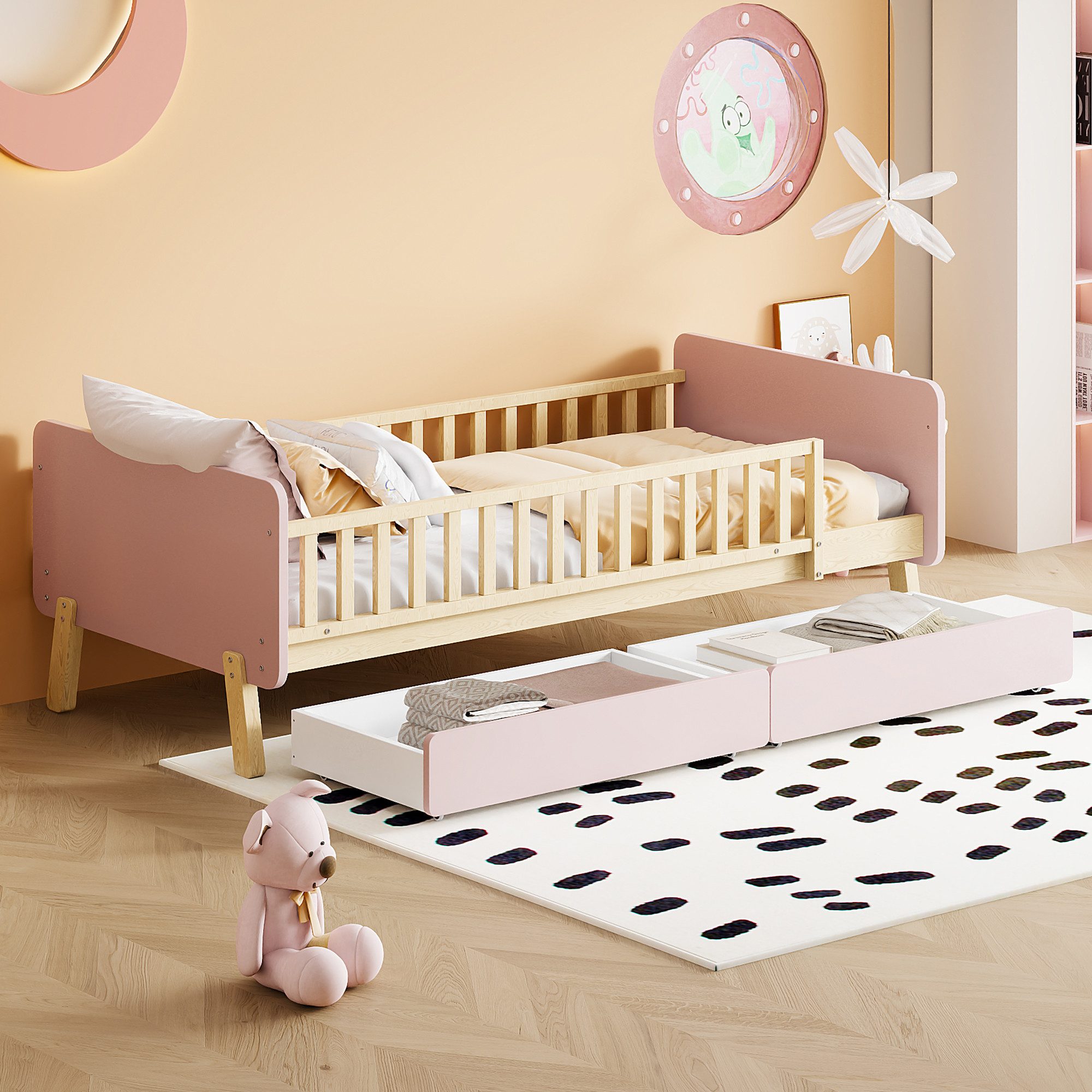 Kinderbett 90×190 Babybett mit Gitter und Schubladen,Bettgestell ohne Matratze